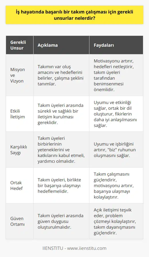 İş hayatında başarılı bir takım çalışması için gerekli unsurlar yerine getirilen misyon, fizyondan geçer ve üyeler tarafından birbirlerine gösterilen saygı üzerine kurulur. Bunun yanı sıra, takım üyeleri birbirleriyle sürekli ve doğru bir şekilde iletişim kurmaları gerekmektedir. İletişim, var olmak ve birbirimize güvenmek için gereklidir, bu da takım içinde güçlendirici bir birlikteliğin temelini oluşturur. Öncelikle, misyon ve vizyonun anlaşılması ve takım tarafından kabul görmesi gerekmektedir. Misyon, takımın neden var olduğunu, hangi amacı hedeflediğini tanımlar; vizyon ise hedefe ulaşmak için hangi stratejilerin izleneceğini, takımın çalışma biçimini ve işin özünü belirler. Misyon ve vizyon, takımın motivasyonunu arttırır ve hedefleri netleştirir, bu yüzden misyon ve vizyonun tüm takım üyeleri tarafından kabul görmesi önemlidir. Bir diğer önemli unsursa, takım üyelerinin birbirleriyle sürekli ve sağlıklı bir iletişim kurabilmesidir. İyi bir iletişim, takım içinde uyumun ve etkinliğin sağlanması için gereklidir. İletişim becerileri, takımın ortak bir dil oluşturmasını ve birbirlerinin fikirlerini daha iyi anlamasını sağlar, bu da takımın genel başarısını arttırır. Takım üyelerinin birbirlerine saygı göstermeleri ve birlikte bir başarıya ulaşmayı hedeflemeleri de iş hayatında başarılı bir takım çalışması için mutlaka gereklidir. Üyeler, birbirlerinin yeteneklerini ve katkılarını kabul etmeli, birbirlerine emir vermek yerine yardımcı olmalıdırlar. Bu, takım içinde uyumu ve işbirliğini arttırır, ve bir biz ruhunun oluşmasını sağlar. Sonuç olarak, iş hayatında başarılı bir takım çalışması için, takımın bir misyon ve vizyon etrafında birleşmesi, takım üyelerinin birbirleriyle sürekli ve doğru bir iletişim kurabilmesi ve birbirlerine saygı göstermesi gereklidir. Bu unsurlar, takımın başarısını ve etkinliğini arttırmak için gerekli olan uyumu sağlar. Bu sayede, takım hedeflerine ulaşabilir ve nu yaşayabilir, sonuçta da kurumun başarısı için önemli bir kuvvet haline gelebilir.