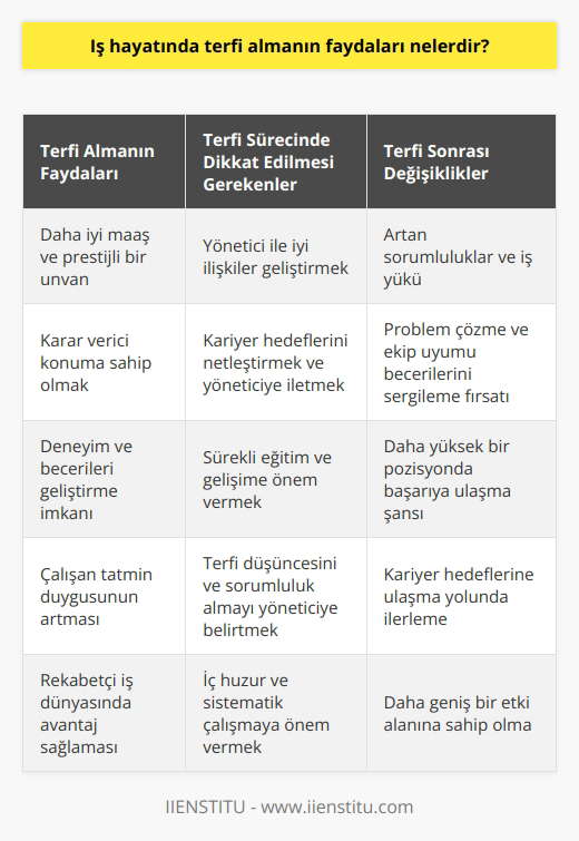 Terfi Almanın Faydaları  İş hayatında terfi almanın pek çok faydası bulunmaktadır. Rekabetin yoğun olduğu iş dünyasında, terfi almak, çalışanların tatmin duygularını artırır ve daha iyi maaş, prestijli bir ünvan ve karar verici konumuna sahip olmalarını sağlar. Bu nedenle, terfi almanın faydalarını ve bu süreci nasıl başarılı bir şekilde gerçekleştireceğimize dair önemli detayları incelemekte fayda bulunmaktadır.  A) Sorumluluk ve İş Yükü Artışı  Terfi almak, çalışanların daha fazla sorumluluk alacakları ve mesai dışı çalışma saatlerinin de olabileceği anları beraberinde getirir. Bu durum, çalışanların deneyim ve becerilerini geliştirmelerine, problem çözme yeteneklerini sergileyebilmelerine ve ekip uyumunu gösterebilmelerine olanak sağlar.   B) Yönetici İle İyi İlişkiler  Terfi sürecinde, bağlı bulunan yönetici, çalışanın en büyük destekçisi ve referansı olmaktadır. Bu nedenle, yönetici ile iyi ilişkiler geliştirmek, terfi için büyük önem taşır. Yöneticiye terfi düşüncesi ve sorumluluk almayı istemekte çekinmemek, süreç için değerli bir adımdır.  C) Kariyer Hedeflerinin Belirginleştirilmesi  Terfi sürecinde, çalışanın kariyer hedeflerinin netleştirilmesi ve bunların yöneticiye iletilmesi büyük önem taşır. Hedeflerine ulaşmak için azimli ve hırslı olduğunu beyan etmek, çalışanın yöneticinin güvenini kazanmasına ve kariyerine yön vermesine yardımcı olacaktır.  D) Sürekli Eğitim ve Gelişim  Terfi almak ve kariyer basamaklarını tırmanmak için, sürekli öğrenme ve gelişimin önemi büyüktür. Çalışanlar, hedefledikleri alanlarda ve farklı konularda eğitimlere katılarak, bilgi ve becerilerini artırarak terfi yolunda daha güçlü adaylar olabilirler. İç huzur ve sistematik çalışmanın getirdiği mutluluğa da önem vermek, iş hayatında başarıya ulaşmaya yardımcı olacaktır.  Sonuç olarak, iş dünyasında terfi almak birçok avantajı beraberinde getirir. Çalışanlar, yukarıda belirtilen adımları takip ederek, terfi sürecinde başarıyla ilerleyebilir ve kariyer hedeflerine ulaşabilirler. Bu çerçevede, terfi almanın zamanı gelindiğinde, çalışanlar tüm bu deneyim ve süreçler sayesinde daha yüksek bir pozisyonda başarıya sağlam adımlarla ilerleyebilirler.