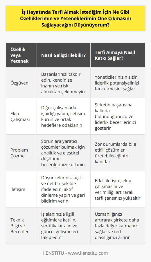 Özellikleriniz ve yetenekleriniz arasında özgüven, liderlik, ekip çalışması, problem çözme, analitik düşünme, stratejik düşünme, iletişim, karar verme, üretkenlik ve arzularınızın farkında olmak önemlidir. Bunların yanı sıra, iş alanınızla ilgili teknik bilgi ve becerileri de önemli bir rol oynayacaktır. Ayrıca, özellikleriniz ve yeteneklerinizin öne çıkmasını sağlamak için, kariyer hedeflerinizi, çalışma şeklinizi ve başarınızı destekleyen özelliklerinizi geliştirmelisiniz.