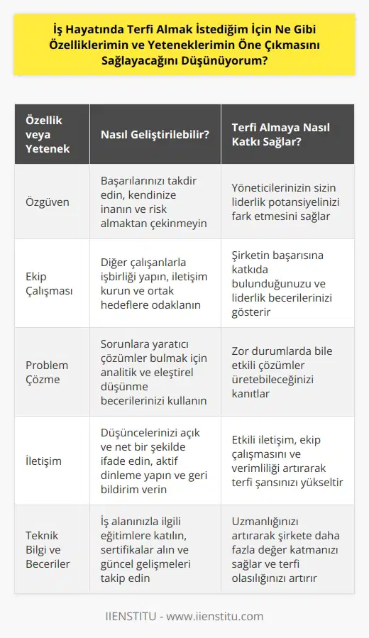 Özellikleriniz ve yetenekleriniz arasında özgüven, liderlik, ekip çalışması, problem çözme, analitik düşünme, stratejik düşünme, iletişim, karar verme, üretkenlik ve arzularınızın farkında olmak önemlidir. Bunların yanı sıra, iş alanınızla ilgili teknik bilgi ve becerileri de önemli bir rol oynayacaktır. Ayrıca, özellikleriniz ve yeteneklerinizin öne çıkmasını sağlamak için, kariyer hedeflerinizi, çalışma şeklinizi ve başarınızı destekleyen özelliklerinizi geliştirmelisiniz.