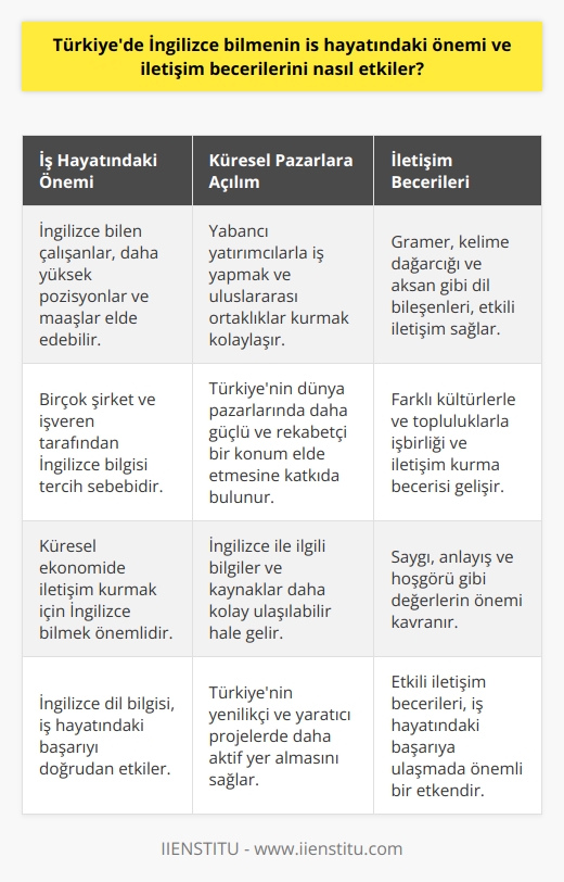 İş Hayatında İngilizce Bilmenin Önemi  Türkiyede İngilizce bilmenin iş hayatındaki önemi tartışılmazdır. Özellikle de dünya çapında iletişim kurmamız gereken bugünkü küresel ekonomide İngilizce bilmenin faydaları saymakla bitmez. İngilizce dil bilgisi, ülkemizdeki birçok şirket ve işveren tarafından genellikle tercih sebebidir ve dil bilgisine sahip bireyler daha yüksek pozisyonlar ve daha yüksek maaşlar elde edebilirler.   İngilizce İle Küresel Pazarlara Açılım  İngilizce konuşan şirket çalışanları, Türkiyenin dünya pazarlarında daha güçlü ve rekabetçi bir konum elde etmesine de katkıda bulunur. Yabancı yatırımcılarla iş yapmak, uluslararası ortaklıklar yapmak ve ortak projelerde yer almak, İngilizce dil becerileri sayesinde daha rahat ve hızlı gerçekleştirilebilir. Ayrıca, İngilizcenin dünya dili olarak kabul edilmesi ve teknolojik gelişmelerin ana dili olması nedeniyle, İngilizce ile ilgili bilgiler ve kaynaklar daha kolay ulaşılabilir ve Türkiyenin yenilikçi ve yaratıcı projelerde daha aktif yer almasını sağlar.  İletişim Becerileri ve İngilizce  İngilizce bilmenin iletişim becerileri üzerindeki etkisi de göz ardı edilmemelidir. İngilizce öğrenme sürecinde edinilen gramer, kelime dağarcığı ve aksan gibi dil bileşenleri, katılımcıların cümlenin anlamını ve iletilmek istenen mesajı doğru bir şekilde ifade etmelerine yardımcı olur. Bu, hem iş hayatındaki hem de özel hayattaki iletişim süreçlerinde etkin beceriler kazandırır.  Ayrıca, İngilizce konuşulan ülkelerde çeşitli kültürlerle ve topluluklarla işbirliği ve iletişim kurma becerisi de gelişir. Bu sayede, bireyler küresel toplumlarla daha rahat etkileşime girer ve saygı, anlayış ve hoşgörü gibi değerlerin önemini kavrarlar. İş hayatındaki başarının önemli ölçüde iletişim ve işbirliğine dayalı olduğu düşünüldüğünde, İngilizce dil bilgisi ve becerilerinin etkisi, başarıya ulaşmada önemli bir etken olarak kabul edilebilir.