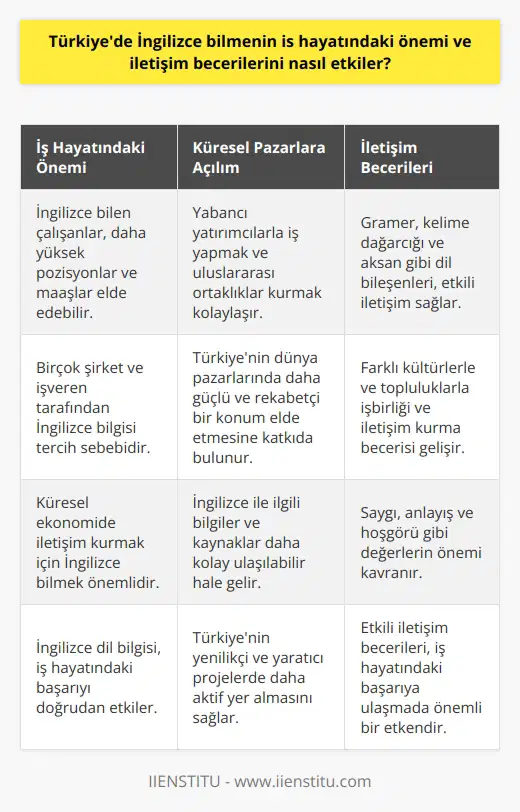 İş Hayatında İngilizce Bilmenin Önemi Türkiyede İngilizce bilmenin iş hayatındaki önemi tartışılmazdır. Özellikle de dünya çapında iletişim kurmamız gereken bugünkü küresel ekonomide İngilizce bilmenin faydaları saymakla bitmez. İngilizce dil bilgisi, ülkemizdeki birçok şirket ve işveren tarafından genellikle tercih sebebidir ve dil bilgisine sahip bireyler daha yüksek pozisyonlar ve daha yüksek maaşlar elde edebilirler. İngilizce İle Küresel Pazarlara Açılım İngilizce konuşan şirket çalışanları, Türkiyenin dünya pazarlarında daha güçlü ve rekabetçi bir konum elde etmesine de katkıda bulunur. Yabancı yatırımcılarla iş yapmak, uluslararası ortaklıklar yapmak ve ortak projelerde yer almak, İngilizce dil becerileri sayesinde daha rahat ve hızlı gerçekleştirilebilir. Ayrıca, İngilizcenin dünya dili olarak kabul edilmesi ve teknolojik gelişmelerin ana dili olması nedeniyle, İngilizce ile ilgili bilgiler ve kaynaklar daha kolay ulaşılabilir ve Türkiyenin yenilikçi ve yaratıcı projelerde daha aktif yer almasını sağlar. İletişim Becerileri ve İngilizce İngilizce bilmenin iletişim becerileri üzerindeki etkisi de göz ardı edilmemelidir. İngilizce öğrenme sürecinde edinilen gramer, kelime dağarcığı ve aksan gibi dil bileşenleri, katılımcıların cümlenin anlamını ve iletilmek istenen mesajı doğru bir şekilde ifade etmelerine yardımcı olur. Bu, hem iş hayatındaki hem de özel hayattaki iletişim süreçlerinde etkin beceriler kazandırır. Ayrıca, İngilizce konuşulan ülkelerde çeşitli kültürlerle ve topluluklarla işbirliği ve iletişim kurma becerisi de gelişir. Bu sayede, bireyler küresel toplumlarla daha rahat etkileşime girer ve saygı, anlayış ve hoşgörü gibi değerlerin önemini kavrarlar. İş hayatındaki başarının önemli ölçüde iletişim ve işbirliğine dayalı olduğu düşünüldüğünde, İngilizce dil bilgisi ve becerilerinin etkisi, başarıya ulaşmada önemli bir etken olarak kabul edilebilir.