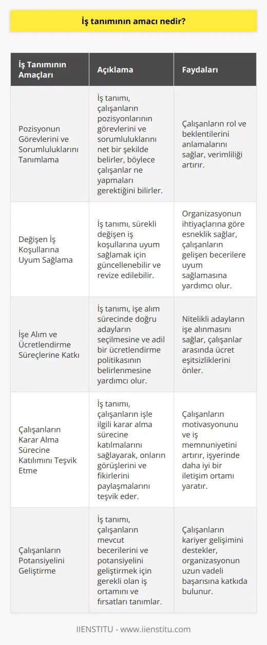 İş tanımının amacı, çalışanların pozisyonlarının görevlerini, sorumluluklarını ve sürekli değişen iş koşullarını tanımlamak için kullanılır. İş tanımının diğer amacı, çalışanların işe alınmalarını, ücretlerinin belirlenmesini ve işle ilgili karar alma sürecine katılmalarını sağlamaktır. Ayrıca, iş tanımının amacı, çalışanların potansiyelini geliştirmek ve çalışanların yüksek performans göstermesine teşvik etmek için gerekli olan iş ortamını sağlamaktır.