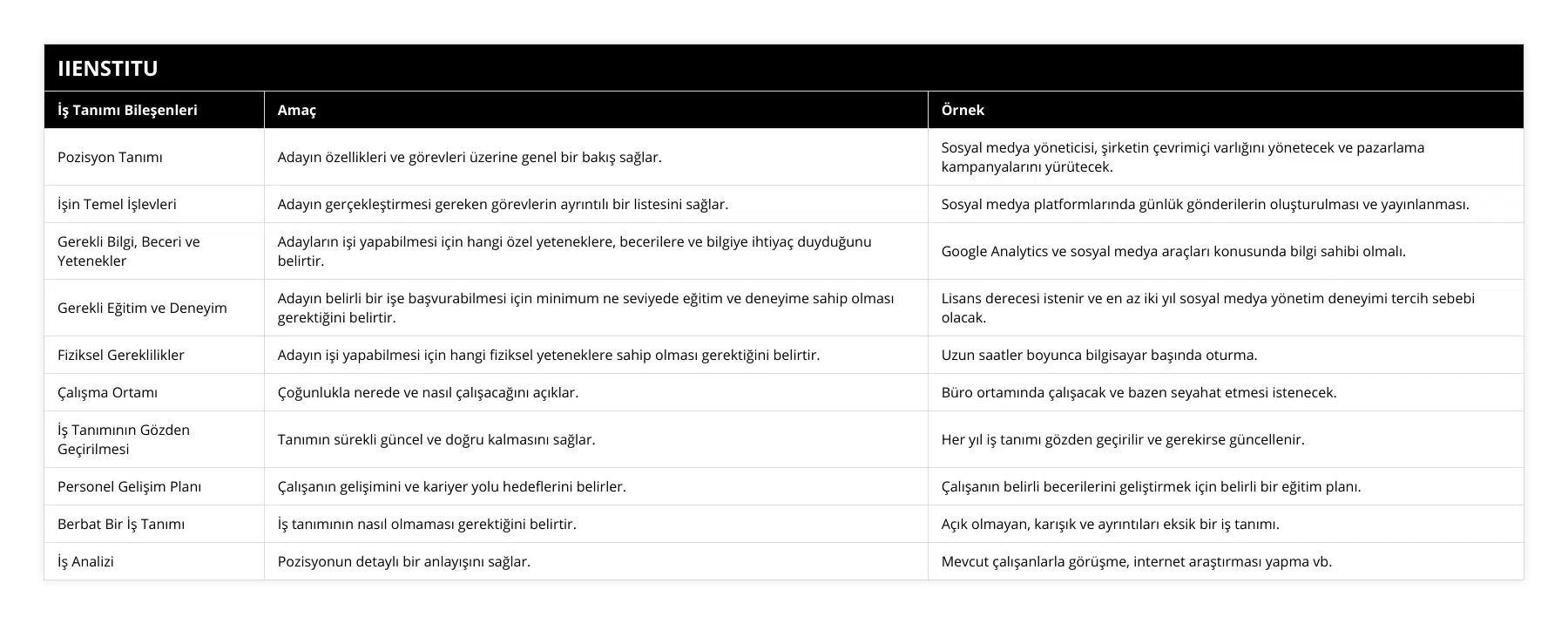 Pozisyon Tanımı, Adayın özellikleri ve görevleri üzerine genel bir bakış sağlar, Sosyal medya yöneticisi, şirketin çevrimiçi varlığını yönetecek ve pazarlama kampanyalarını yürütecek, İşin Temel İşlevleri, Adayın gerçekleştirmesi gereken görevlerin ayrıntılı bir listesini sağlar, Sosyal medya platformlarında günlük gönderilerin oluşturulması ve yayınlanması, Gerekli Bilgi, Beceri ve Yetenekler, Adayların işi yapabilmesi için hangi özel yeteneklere, becerilere ve bilgiye ihtiyaç duyduğunu belirtir, Google Analytics ve sosyal medya araçları konusunda bilgi sahibi olmalı, Gerekli Eğitim ve Deneyim, Adayın belirli bir işe başvurabilmesi için minimum ne seviyede eğitim ve deneyime sahip olması gerektiğini belirtir, Lisans derecesi istenir ve en az iki yıl sosyal medya yönetim deneyimi tercih sebebi olacak, Fiziksel Gereklilikler, Adayın işi yapabilmesi için hangi fiziksel yeteneklere sahip olması gerektiğini belirtir, Uzun saatler boyunca bilgisayar başında oturma, Çalışma Ortamı, Çoğunlukla nerede ve nasıl çalışacağını açıklar, Büro ortamında çalışacak ve bazen seyahat etmesi istenecek, İş Tanımının Gözden Geçirilmesi, Tanımın sürekli güncel ve doğru kalmasını sağlar, Her yıl iş tanımı gözden geçirilir ve gerekirse güncellenir, Personel Gelişim Planı, Çalışanın gelişimini ve kariyer yolu hedeflerini belirler, Çalışanın belirli becerilerini geliştirmek için belirli bir eğitim planı, Berbat Bir İş Tanımı, İş tanımının nasıl olmaması gerektiğini belirtir, Açık olmayan, karışık ve ayrıntıları eksik bir iş tanımı, İş Analizi, Pozisyonun detaylı bir anlayışını sağlar, Mevcut çalışanlarla görüşme, internet araştırması yapma vb