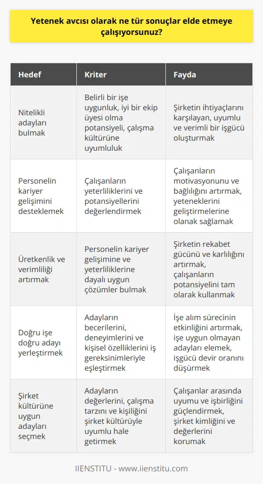 Yetenek avcısı olarak, belirli bir işe uygun nitelikte, iyi bir ekip üyesi ve özellikle de çalışma kültürüne uyumlu olan adayları bulmaya çalışıyoruz. Bununla birlikte, personelin kariyer gelişimine ve yeterliliklerine dayalı olarak, üretkenlik ve verimliliği artırmak için uygun çözümleri de arayıyoruz.