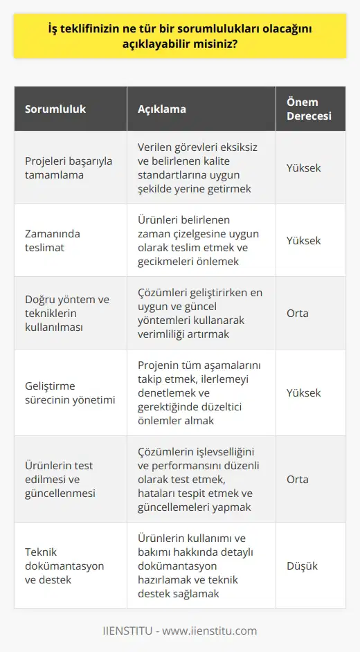 Sorumluluklarım, görev verilen projeleri başarıyla tamamlamak, ürünleri zamanında teslim etmek, çözümleri doğru yöntemler ve tekniklerle geliştirmek, geliştirme sürecini yönetmek, çözümlerin işlevsellik ve performansını sürekli olarak test etmek, ürünleri güncellemek, teknik dokümantasyon yazmak ve teknik destek sağlamak olacaktır.