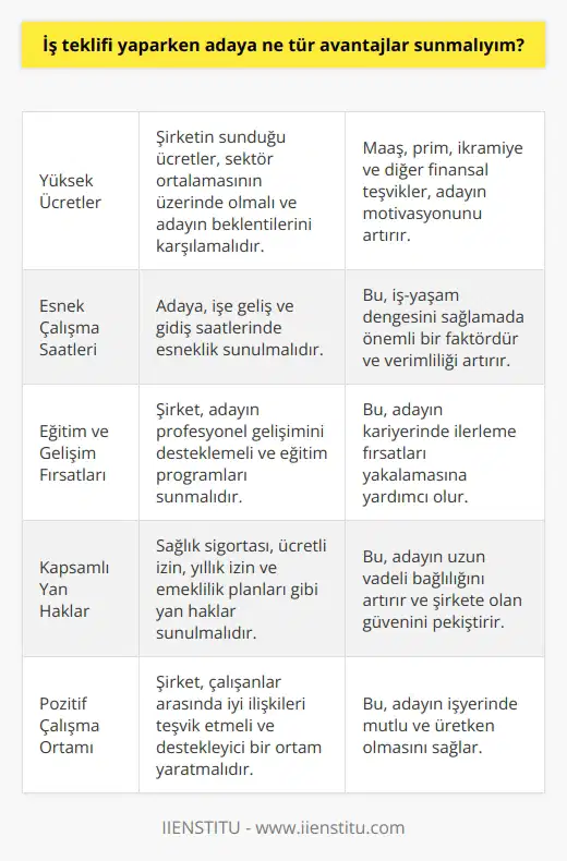 Bir adaya iş teklifi yaparken, ona çok daha yüksek ücretler, çalışma saatlerinin esnekliği, kıdem tazminatı ve primler, işe alım bonusu, günlük ödüller, iyi bir eğitim ve gelişim fırsatları, ücretli izin ve yıllık izin, ücretsiz sağlık sigortası, yüksek özgeçmiş, profesyonel gelişim desteği, çalışanlar arasındaki ilişkilerin desteklenmesi, ücretsiz yemek veya çerezler, ücretsiz servis aracı gibi avantajlar sunmalısınız.
