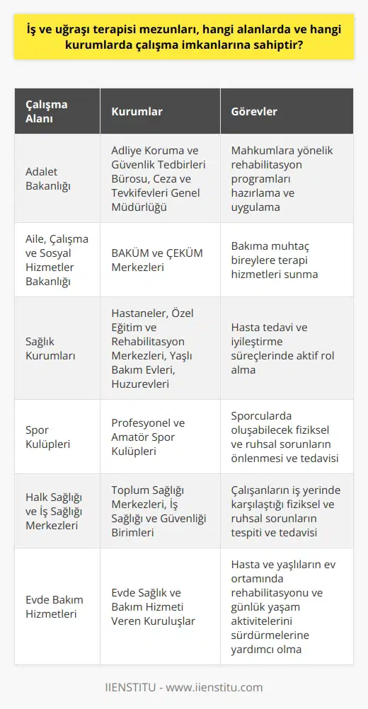 İş ve uğraşı terapisi mezunları, geniş bir yelpazede çalışma fırsatı bulmaktadır. Kamu ve özel sektörde birçok alanda, çeşitli kurumlarda görev alabilirler. Adliye koruma ve güvenlik tedbirleri bürosunda; adalet bakanlığı, ceza ve tevkifevleri genel müdürlüğü; ayrıca, Aile, Çalışma ve Sosyal Hizmetler Bakanlığı, BAKÜM ve ÇEKÜM merkezlerinde çalışma imkanına sahip olabilirler. İş ve uğraşı terapisi mezunlarının çalışma alanlarını genişleten bir diğer sektör sağlık kuruluşlarıdır. Özellikle hastaneler, özel eğitim ve rehabilitasyon merkezlerinde; hasta tedavi ve iyileştirme süreçlerinde önemli roller üstlenirler. Ayrıca bu meslek grupları, yaşlı bakım evleri ve huzurevlerinde de görev alabilirler. Spor kulüplerinde iş ve uğraşı terapisi uzmanlarına yönelik talepler de bulunmaktadır. Burada sporcularda oluşabilecek fiziksel ve ruhsal sorunların önlenmesi ve tedavisi konusunda aktif roller alırlar. Halk sağlığı merkezlerinde ve iş sağlığı merkezlerinde; işçilerin iş yerinde karşılaştığı fiziksel ve ruhsal sorunların tespiti ve tedavisi üzerinde durulabilir. Son olarak, iş ve uğraşı terapisi mezunları, evde bakım hizmeti veren kuruluşlarda da çalışabilirler. Hasta ya da yaşlıların ev ortamında rehabilite edilmesi ve günlük yaşam aktivitelerini sürdürebilmeleri için gereken tedavileri uygularlar. Özetle, iş ve uğraşı terapisi mezunlarının, kamu ve özel kurumların yanı sıra sağlık, eğitim, adliye ve spor sektöründe birçok iş imkanları bulunmaktadır. Her bir alanda farklı özelliklere ve bakış açısına sahip hastalara uygun tedavi programlarını uygulayarak, hastaların yaşam kalitelerini artırmak için çalışırlar. Bu nedenle, iş ve uğraşı terapisi mezunu olmayı düşünen kişilerin, yeteneklerini ve ilgilerini dikkate alarak hangi alanda çalışmak istediklerini belirlemeleri önemlidir.