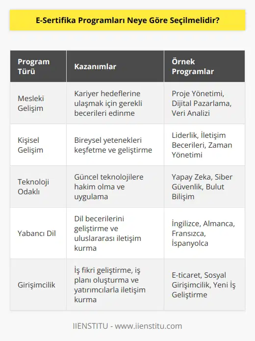 Pek çok alanda e-sertifika programı düzenlenir. Burada kişi kendini geliştireceğine inandığı ya da yapmak istediği işle alakalı programa yönelmeyi düşünmelidir.