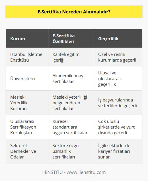 Kaliteli eğitim veren ve her yerde geçerliliği bulunan kurumlardan e-sertifika alınmalıdır. İstanbul İşletme Enstitüsü bünyesinden alacağınız e-sertifikalar hem özel hem de resmi kurumlarda geçerlidir.
