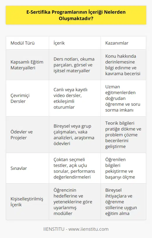E-Sertifika programları, öğrencilerin özel alanlarda veya meslek alanlarında özel olarak eğitim almalarını sağlamak için oluşturulmuş programlardır. Programlar, öğrencilerin konuya uygun olarak seçtiği eğitim modülleri ile oluşmaktadır. Modüller genellikle kapsamlı eğitim materyalleri, çevrimiçi dersler, ödevler, projeler ve sınavlar gibi farklı içerikleri içerir. Programların içeriği, öğrencilerin amaçlarına ve yeteneklerine göre özelleştirilmiş olabilir.