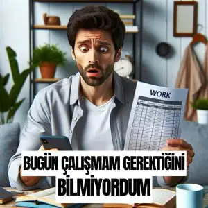 İşte aynı kişinin rahat bir ev ortamında, bugün çalışması gerektiğini unuttuğunu veya bilmediğini fark ettiği anı gösteren görüntüsü. Sahne, şaşkınlıklarını ve etraflarındaki rahat ortamı yakalıyor.