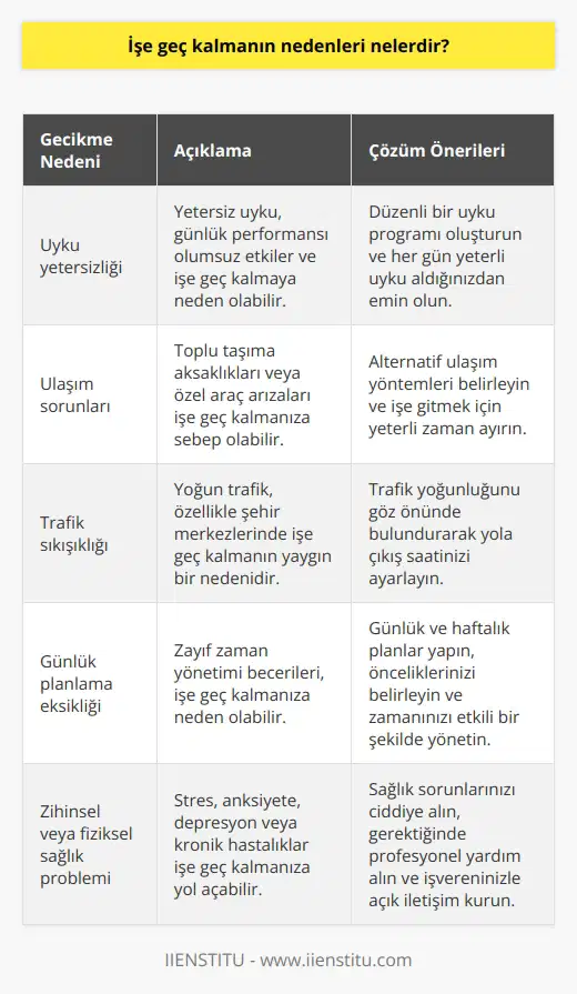 1. Uyku yetersizliği 2. Ulaşım sorunları 3. Trafik sıkışıklığı 4. Günlük planlama eksikliği 5. Zihinsel veya fiziksel sağlık probleminin olması 6. Kendi kendine konuşma veya aşırı düşünme 7. Alarm zamanında çalmadı 8. İş yerine uzaklık 9. İşe karşı kayıtsızlık 10. Öğrenme güçlükleri