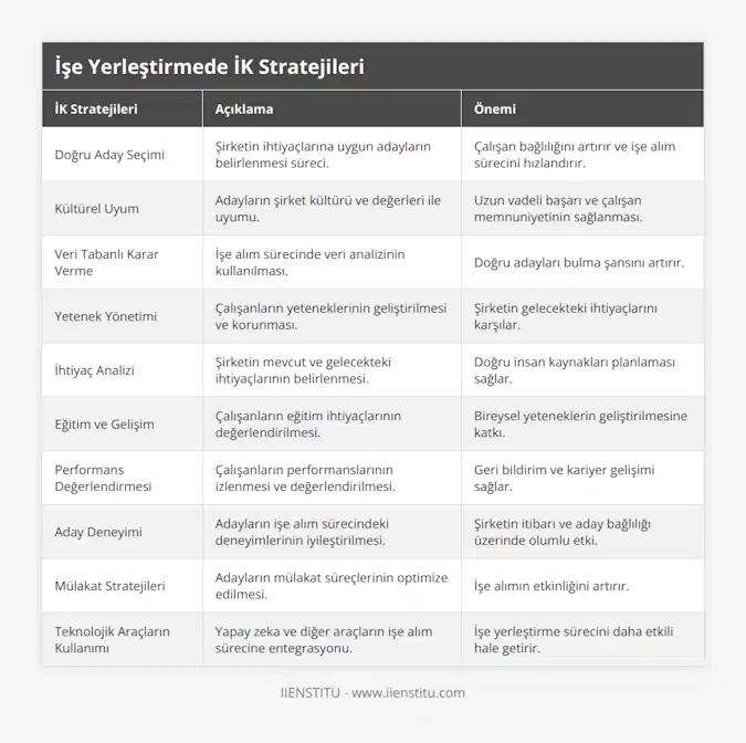 Doğru Aday Seçimi, Şirketin ihtiyaçlarına uygun adayların belirlenmesi süreci, Çalışan bağlılığını artırır ve işe alım sürecini hızlandırır, Kültürel Uyum, Adayların şirket kültürü ve değerleri ile uyumu, Uzun vadeli başarı ve çalışan memnuniyetinin sağlanması, Veri Tabanlı Karar Verme, İşe alım sürecinde veri analizinin kullanılması, Doğru adayları bulma şansını artırır, Yetenek Yönetimi, Çalışanların yeteneklerinin geliştirilmesi ve korunması, Şirketin gelecekteki ihtiyaçlarını karşılar, İhtiyaç Analizi, Şirketin mevcut ve gelecekteki ihtiyaçlarının belirlenmesi, Doğru insan kaynakları planlaması sağlar, Eğitim ve Gelişim, Çalışanların eğitim ihtiyaçlarının değerlendirilmesi, Bireysel yeteneklerin geliştirilmesine katkı, Performans Değerlendirmesi, Çalışanların performanslarının izlenmesi ve değerlendirilmesi, Geri bildirim ve kariyer gelişimi sağlar, Aday Deneyimi, Adayların işe alım sürecindeki deneyimlerinin iyileştirilmesi, Şirketin itibarı ve aday bağlılığı üzerinde olumlu etki, Mülakat Stratejileri, Adayların mülakat süreçlerinin optimize edilmesi, İşe alımın etkinliğini artırır, Teknolojik Araçların Kullanımı, Yapay zeka ve diğer araçların işe alım sürecine entegrasyonu, İşe yerleştirme sürecini daha etkili hale getirir