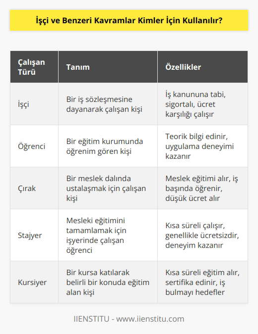 Yazımızın başında da yer alan iş ve benzeri kavramlar başlığı altında bağlı oldukları mevzuatlar kapsamında işçi öğrenci, çırak, stajyer ve kursiyerler olarak gösterilebilir. Bu çalışanlar hiçbir deneyimi olmayan kişiler olduğu gibi mesleğin gerektirdiği teori bilgiye sahip olup uygulama konusunda becerilerini geliştirmeye çalışanlarda olabilir.