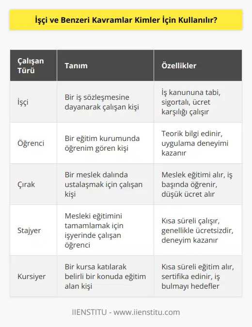 Yazımızın başında da yer alan iş ve benzeri kavramlar başlığı altında bağlı oldukları mevzuatlar kapsamında işçi öğrenci, çırak, stajyer ve kursiyerler olarak gösterilebilir. Bu çalışanlar hiçbir deneyimi olmayan kişiler olduğu gibi mesleğin gerektirdiği teori bilgiye sahip olup uygulama konusunda becerilerini geliştirmeye çalışanlarda olabilir.