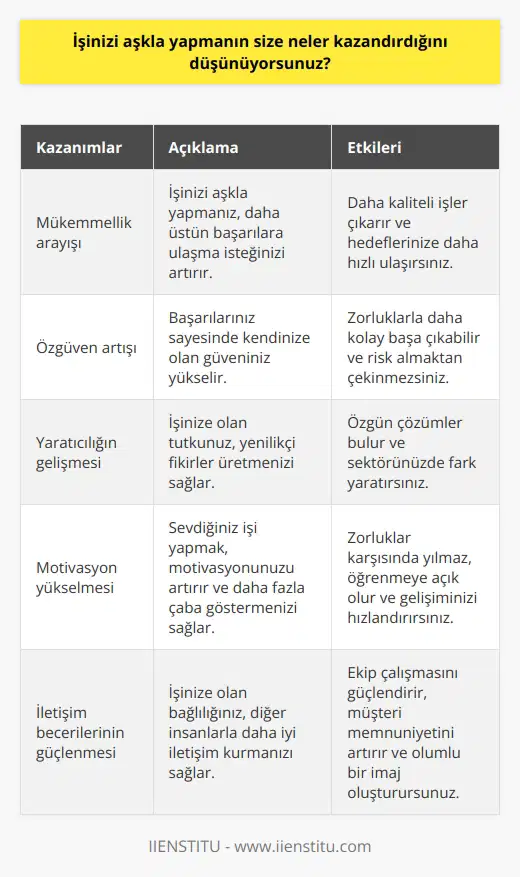 Mükemmel bir iş çıkarma isteğine sahip olmak, daha üstün başarılara ulaşmak, daha fazla özgüven kazanmak, daha yaratıcı ve kendi yolumuzu bulmak, daha kaliteli çözümler üretmek ve daha kısa sürede daha iyi sonuçlar elde etmek gibi birçok faydayı kazanırız. Ayrıca, işimize aşkla yaklaşmak, kendimizi daha fazla motivasyona sahip hissetmemizi de sağlar. İşimizi sevdiğimiz için, daha fazla çaba gösterir ve daha fazla şey öğrenmeye istekli oluruz. Diğer insanlarla daha iyi iletişim kurar ve onların da işimizi anlamalarını ve desteklemelerini sağlarız. Ayrıca, işimize aşkla yaklaşmak, karşımızdaki kişileri daha olumlu ve daha pozitif şekilde etkilememize de yardımcı olur.