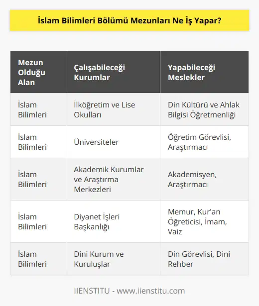 İslam bilimleri bölümünden mezun olanlar Kırgızistan’da ve ülkemizde ilköğretim ve lise düzeyindeki okullarda Din Kültürü ve Ahlak Bilgisi öğretmenliği yapmak için uygundur. Üniversitelerde de İslam bilimi alanında olabilecekleri gibi akademik kurumlarda ve araştırma merkezlerinde de çalışabilirler. Ayrıcı İslam bilimleri mezunları; diyanette kadro açılması halinde memurluk, Kur’an öğreticisi, imam, vaiz gibi görevleri üstlenebilecek donanımda yetiştirilir.
