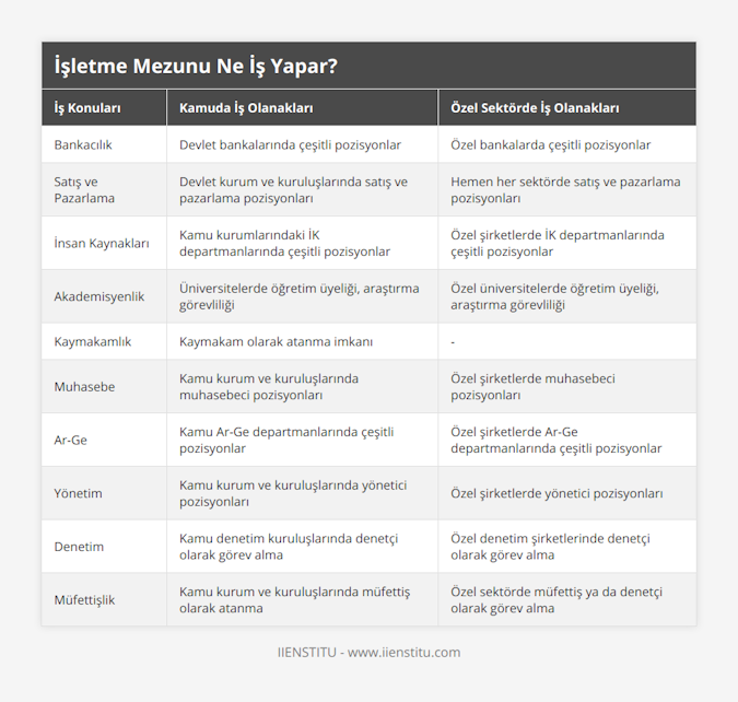 Bankacılık, Devlet bankalarında çeşitli pozisyonlar, Özel bankalarda çeşitli pozisyonlar, Satış ve Pazarlama, Devlet kurum ve kuruluşlarında satış ve pazarlama pozisyonları, Hemen her sektörde satış ve pazarlama pozisyonları, İnsan Kaynakları, Kamu kurumlarındaki İK departmanlarında çeşitli pozisyonlar, Özel şirketlerde İK departmanlarında çeşitli pozisyonlar, Akademisyenlik, Üniversitelerde öğretim üyeliği, araştırma görevliliği, Özel üniversitelerde öğretim üyeliği, araştırma görevliliği, Kaymakamlık, Kaymakam olarak atanma imkanı, -, Muhasebe, Kamu kurum ve kuruluşlarında muhasebeci pozisyonları, Özel şirketlerde muhasebeci pozisyonları, Ar-Ge, Kamu Ar-Ge departmanlarında çeşitli pozisyonlar, Özel şirketlerde Ar-Ge departmanlarında çeşitli pozisyonlar, Yönetim, Kamu kurum ve kuruluşlarında yönetici pozisyonları, Özel şirketlerde yönetici pozisyonları, Denetim, Kamu denetim kuruluşlarında denetçi olarak görev alma, Özel denetim şirketlerinde denetçi olarak görev alma, Müfettişlik, Kamu kurum ve kuruluşlarında müfettiş olarak atanma, Özel sektörde müfettiş ya da denetçi olarak görev alma
