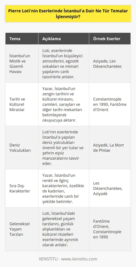 Pierre Lotinin Eserlerinde İstanbula dair birçok tema işlenmiştir. Bunlar arasında, İstanbulun mistik ve gizemli havası, çeşitli tarihi ve kültürel mirasları, deniz yolculukları, sıra dışı karakterleri ve geleneksel yaşam tarzları sayılabilir. Ayrıca, çoğu eserinde kadınların rolü ve İslam kültürünün düşünceleri de temel olarak ele alınmıştır.