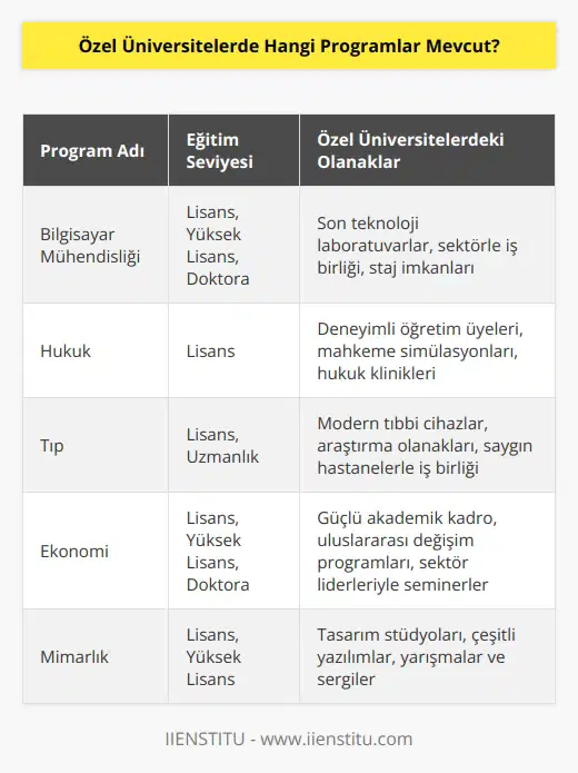 Özel üniversiteler, genellikle çeşitli alanlarda lisans, yüksek lisans ve doktora programları sunmaktadır. Programlar arasında bilgisayar mühendisliği, mühendislik, öğretmenlik, hukuk, tıp, veterinerlik, ekonomi, , müzik, tiyatro, mimarlık ve diğerleri bulunmaktadır.