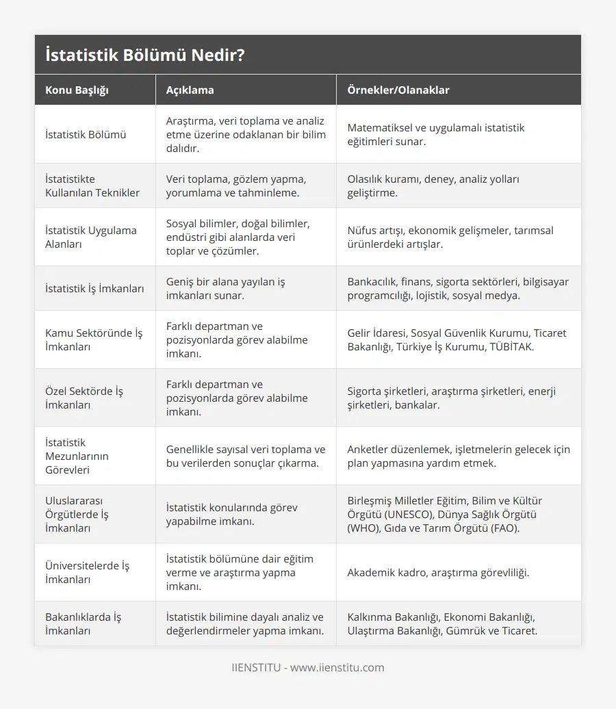 İstatistik Bölümü, Araştırma, veri toplama ve analiz etme üzerine odaklanan bir bilim dalıdır, Matematiksel ve uygulamalı istatistik eğitimleri sunar, İstatistikte Kullanılan Teknikler, Veri toplama, gözlem yapma, yorumlama ve tahminleme, Olasılık kuramı, deney, analiz yolları geliştirme, İstatistik Uygulama Alanları, Sosyal bilimler, doğal bilimler, endüstri gibi alanlarda veri toplar ve çözümler, Nüfus artışı, ekonomik gelişmeler, tarımsal ürünlerdeki artışlar, İstatistik İş İmkanları, Geniş bir alana yayılan iş imkanları sunar, Bankacılık, finans, sigorta sektörleri, bilgisayar programcılığı, lojistik, sosyal medya, Kamu Sektöründe İş İmkanları, Farklı departman ve pozisyonlarda görev alabilme imkanı, Gelir İdaresi, Sosyal Güvenlik Kurumu, Ticaret Bakanlığı, Türkiye İş Kurumu, TÜBİTAK, Özel Sektörde İş İmkanları, Farklı departman ve pozisyonlarda görev alabilme imkanı, Sigorta şirketleri, araştırma şirketleri, enerji şirketleri, bankalar, İstatistik Mezunlarının Görevleri, Genellikle sayısal veri toplama ve bu verilerden sonuçlar çıkarma, Anketler düzenlemek, işletmelerin gelecek için plan yapmasına yardım etmek, Uluslararası Örgütlerde İş İmkanları, İstatistik konularında görev yapabilme imkanı, Birleşmiş Milletler Eğitim, Bilim ve Kültür Örgütü (UNESCO), Dünya Sağlık Örgütü (WHO), Gıda ve Tarım Örgütü (FAO), Üniversitelerde İş İmkanları, İstatistik bölümüne dair eğitim verme ve araştırma yapma imkanı, Akademik kadro, araştırma görevliliği, Bakanlıklarda İş İmkanları, İstatistik bilimine dayalı analiz ve değerlendirmeler yapma imkanı, Kalkınma Bakanlığı, Ekonomi Bakanlığı, Ulaştırma Bakanlığı, Gümrük ve Ticaret