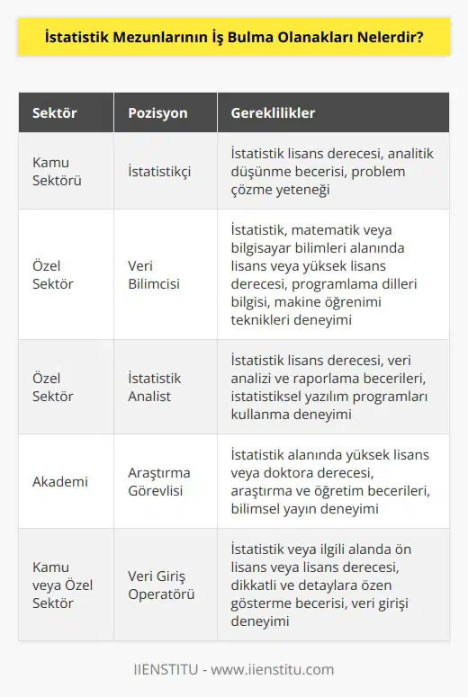 İstatistik mezunları, çok sayıda farklı sektördeki iş imkanlarına sahiptir. İstatistik mezunları, kamu sektöründeki istatistikçi pozisyonlarına başvurabilirler. Ayrıca, özel sektördeki veri bilimcileri, istatistik analistleri, araştırma görevlileri, veri giriş operatörleri ve diğer istatistiksel pozisyonlar için başvuruda bulunabilirler. İstatistik mezunları, kamu sektöründe çalışanlar için özel şirketler tarafından sağlanan pozisyonlarla da kariyerlerini güçlendirebilirler. Ayrıca, akademik kariyerlerine devam etmek isteyen istatistik mezunları, istatistik alanında lisans veya yüksek lisans programlarına başvurabilirler.