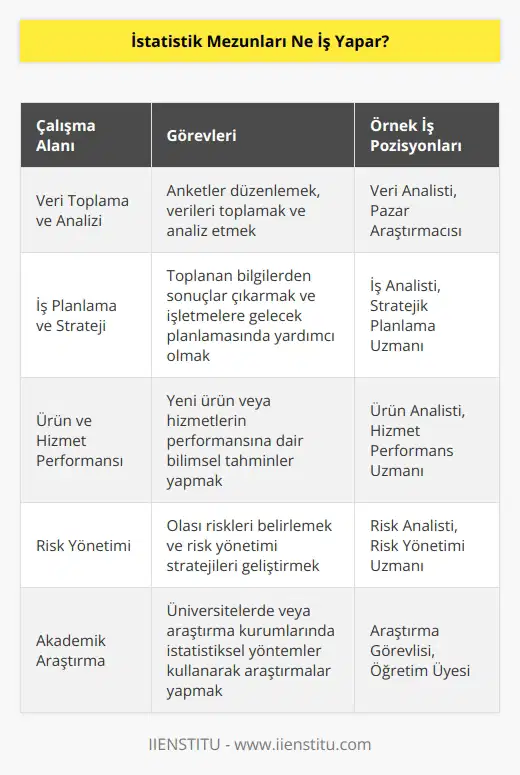İstatistik mezunları ne iş yapar diye araştırdığımızda, sayısal veriler topladıkları ve toplanan bilgilerden sonuçlar çıkardıkları yanıtına ulaşırız. Anketler düzenler ve işletmelerin gelecek için plan yapmasına yardımcı olurlar. Yeni bir ürünün veya hizmetin ne kadar performans göstereceğine dair bilimsel tahminler yaparlar.