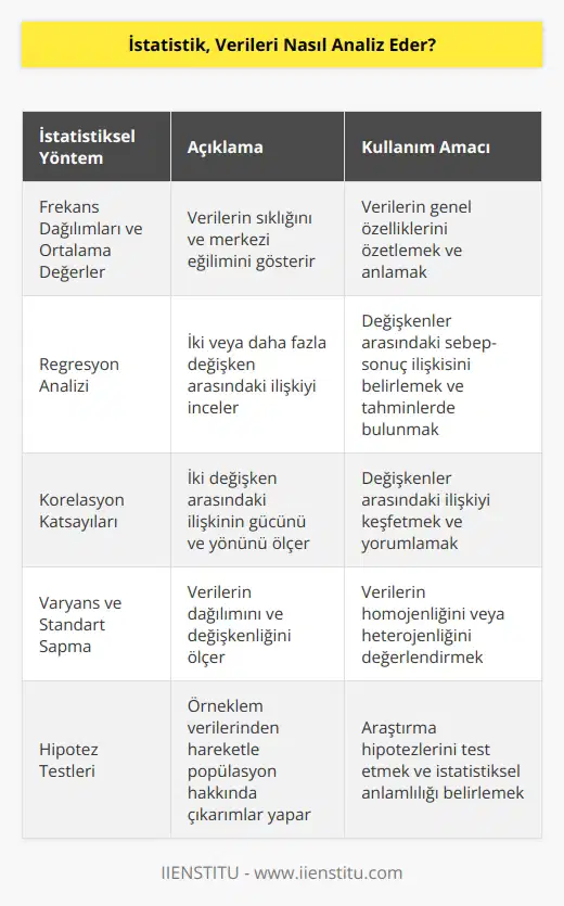 İstatistik, verileri analiz etmek için çeşitli yöntemler kullanır. Bunların arasında en yaygın olanlar; frekans dağılımları ve ortalama değerleri, regresyon analizi, korelasyon katsayıları, varyans ve standart sapma gibi istatistiksel tekniklerdir. İstatistikte, verileri analiz etmek için kullanılan yöntemler, verileri sınıflandırmak ve özetlemek, farklı veri grupları arasındaki ilişkileri keşfetmek ve testleri gibi çeşitli amaçlar için kullanılır.