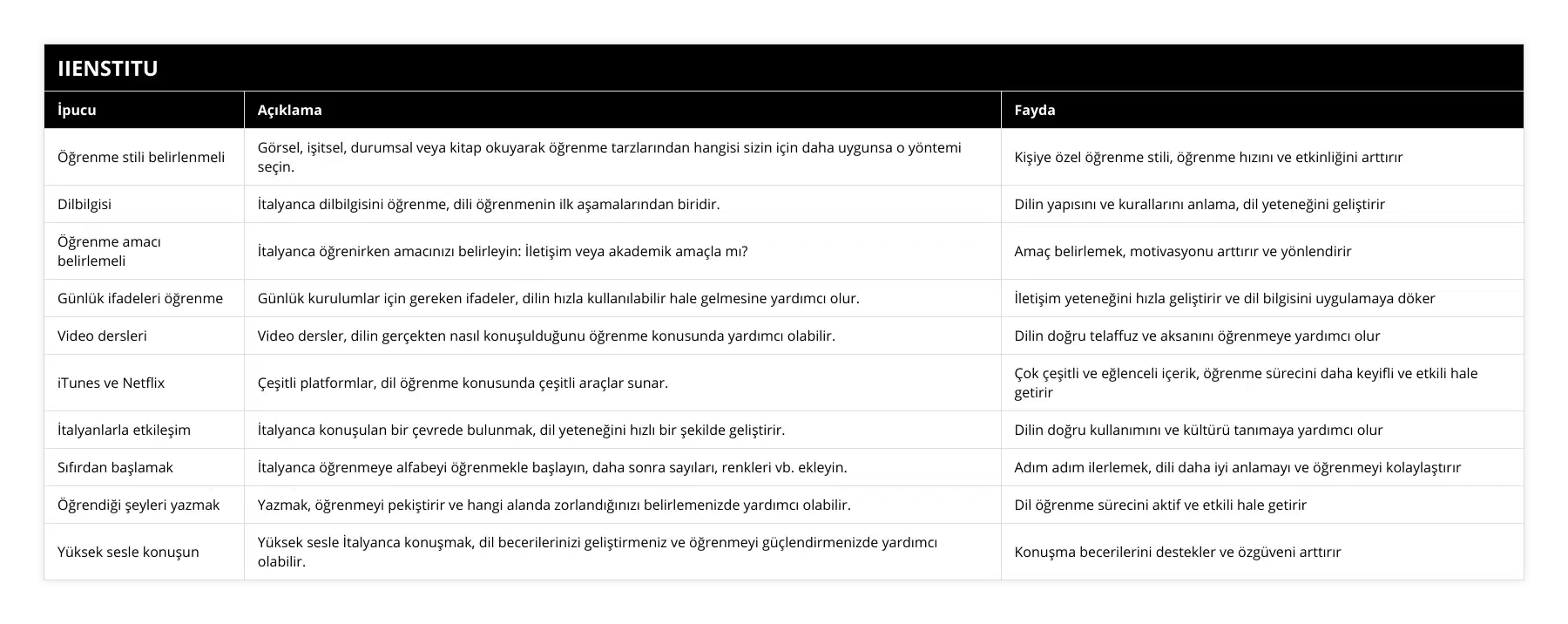 Öğrenme stili belirlenmeli, Görsel, işitsel, durumsal veya kitap okuyarak öğrenme tarzlarından hangisi sizin için daha uygunsa o yöntemi seçin , Kişiye özel öğrenme stili, öğrenme hızını ve etkinliğini arttırır, Dilbilgisi, İtalyanca dilbilgisini öğrenme, dili öğrenmenin ilk aşamalarından biridir, Dilin yapısını ve kurallarını anlama, dil yeteneğini geliştirir, Öğrenme amacı belirlemeli, İtalyanca öğrenirken amacınızı belirleyin: İletişim veya akademik amaçla mı?, Amaç belirlemek, motivasyonu arttırır ve yönlendirir, Günlük ifadeleri öğrenme, Günlük kurulumlar için gereken ifadeler, dilin hızla kullanılabilir hale gelmesine yardımcı olur, İletişim yeteneğini hızla geliştirir ve dil bilgisini uygulamaya döker, Video dersleri, Video dersler, dilin gerçekten nasıl konuşulduğunu öğrenme konusunda yardımcı olabilir, Dilin doğru telaffuz ve aksanını öğrenmeye yardımcı olur, iTunes ve Netflix, Çeşitli platformlar, dil öğrenme konusunda çeşitli araçlar sunar, Çok çeşitli ve eğlenceli içerik, öğrenme sürecini daha keyifli ve etkili hale getirir, İtalyanlarla etkileşim, İtalyanca konuşulan bir çevrede bulunmak, dil yeteneğini hızlı bir şekilde geliştirir, Dilin doğru kullanımını ve kültürü tanımaya yardımcı olur, Sıfırdan başlamak, İtalyanca öğrenmeye alfabeyi öğrenmekle başlayın, daha sonra sayıları, renkleri vb ekleyin, Adım adım ilerlemek, dili daha iyi anlamayı ve öğrenmeyi kolaylaştırır, Öğrendiği şeyleri yazmak, Yazmak, öğrenmeyi pekiştirir ve hangi alanda zorlandığınızı belirlemenizde yardımcı olabilir, Dil öğrenme sürecini aktif ve etkili hale getirir, Yüksek sesle konuşun, Yüksek sesle İtalyanca konuşmak, dil becerilerinizi geliştirmeniz ve öğrenmeyi güçlendirmenizde yardımcı olabilir, Konuşma becerilerini destekler ve özgüveni arttırır