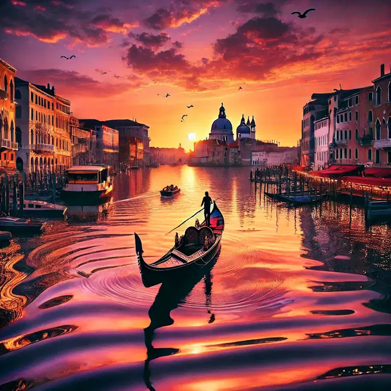 Venedik'te gün batımının büyüleyici manzarası.