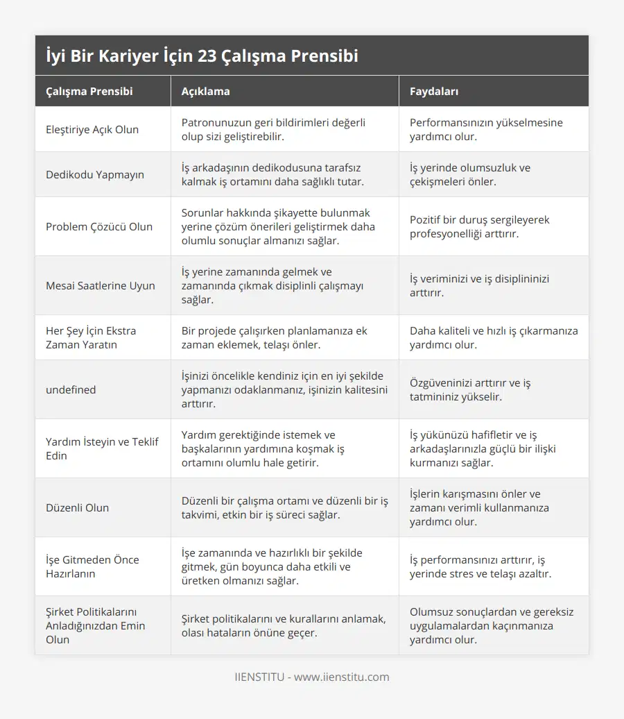 Eleştiriye Açık Olun, Patronunuzun geri bildirimleri değerli olup sizi geliştirebilir, Performansınızın yükselmesine yardımcı olur, Dedikodu Yapmayın, İş arkadaşının dedikodusuna tarafsız kalmak iş ortamını daha sağlıklı tutar, İş yerinde olumsuzluk ve çekişmeleri önler, Problem Çözücü Olun, Sorunlar hakkında şikayette bulunmak yerine çözüm önerileri geliştirmek daha olumlu sonuçlar almanızı sağlar, Pozitif bir duruş sergileyerek profesyonelliği arttırır, Mesai Saatlerine Uyun, İş yerine zamanında gelmek ve zamanında çıkmak disiplinli çalışmayı sağlar, İş veriminizi ve iş disiplininizi arttırır, Her Şey İçin Ekstra Zaman Yaratın, Bir projede çalışırken planlamanıza ek zaman eklemek, telaşı önler, Daha kaliteli ve hızlı iş çıkarmanıza yardımcı olur, Her Zaman Elinizden Gelenin En İyisini Yapın, İşinizi öncelikle kendiniz için en iyi şekilde yapmanızı odaklanmanız, işinizin kalitesini arttırır, Özgüveninizi arttırır ve iş tatmininiz yükselir, Yardım İsteyin ve Teklif Edin, Yardım gerektiğinde istemek ve başkalarının yardımına koşmak iş ortamını olumlu hale getirir, İş yükünüzü hafifletir ve iş arkadaşlarınızla güçlü bir ilişki kurmanızı sağlar, Düzenli Olun, Düzenli bir çalışma ortamı ve düzenli bir iş takvimi, etkin bir iş süreci sağlar, İşlerin karışmasını önler ve zamanı verimli kullanmanıza yardımcı olur, İşe Gitmeden Önce Hazırlanın, İşe zamanında ve hazırlıklı bir şekilde gitmek, gün boyunca daha etkili ve üretken olmanızı sağlar, İş performansınızı arttırır, iş yerinde stres ve telaşı azaltır, Şirket Politikalarını Anladığınızdan Emin Olun, Şirket politikalarını ve kurallarını anlamak, olası hataların önüne geçer, Olumsuz sonuçlardan ve gereksiz uygulamalardan kaçınmanıza yardımcı olur