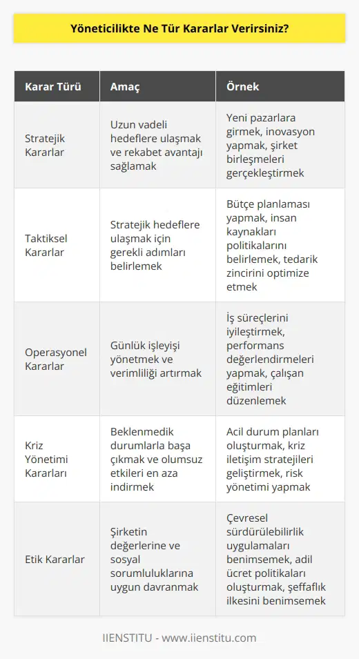 Yöneticilikte, takım çalışmasının geliştirilmesi, ürün ve hizmetlerin kalitesini arttırmak, çalışanların motivasyonunu yükseltmek, yeni fırsatların yaratılması, yeni ürünlerin geliştirilmesi veya hizmetlerin genişletilmesi gibi alınır. Aynı zamanda, günlük işlerin planlanması, yeni iş süreçlerinin tasarlanması ve uygulanması, çalışanların performansının izlenmesi, ücret ve ödüllendirme politikalarının oluşturulması gibi operasyonel kararlar da alınır.