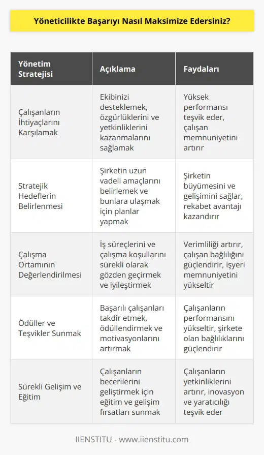 Başarıyı maksimize etmek için, öncelikle çalışanlarınızın ihtiyaçlarını karşılamaya odaklanmanız gerekir. Özellikle ekibinizi desteklemek, arzu ettikleri özgürlükleri ve yetkinlikleri kazanmalarını sağlamak, yüksek performansın önünü açacaktır. Bunun yanı sıra, stratejik hedeflerinizin belirlenmesi ve bunların gerçekleştirilmesi için gerekli görevlerin planlanması ve gerçekleştirilmesi gerekir. Ayrıca,   nın ve çalışma ortamının sürekli olarak değerlendirilmesi ve güncellenmesi gerekir. Son olarak, çalışanlara ödüller ve teşvikler sunmak ve motivasyonlarını arttırmak, çalışanların başarısını maksimize etmek için önemlidir.