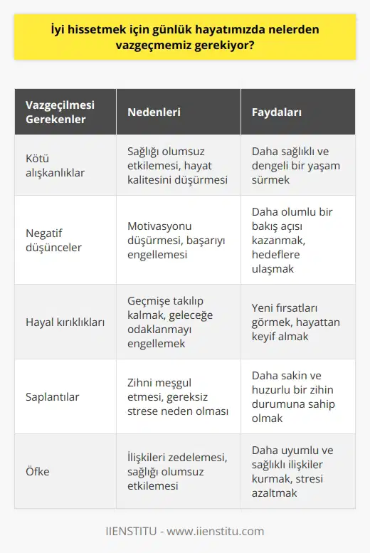Vazgeçmemiz gereken çok şey var. Bunlar arasında en önemlileri; kötü alışkanlıklarımız, negatif düşüncelerimiz, hayal kırıklıklarımız, saplantılarımız ve öfkemiz. Ayrıca, kendimize ya da başkalarına zarar vermekten kaçınmalıyız. Zaman zaman, kendimizi üzmek, insanları küçümsemek, başkalarının seçimlerine karışmak ve gereksiz alışveriş yapmaktan da vazgeçmek zorundayız. Böylece, kendimizi ve çevremizi daha iyi hissetmemizi sağlayabiliriz.