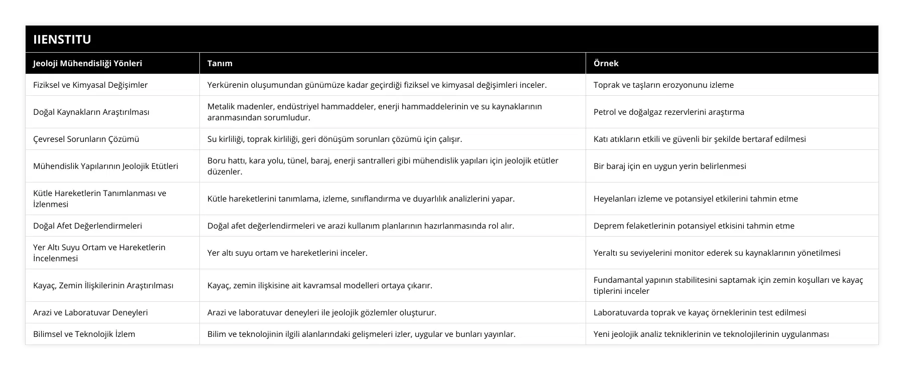 Fiziksel ve Kimyasal Değişimler, Yerkürenin oluşumundan günümüze kadar geçirdiği fiziksel ve kimyasal değişimleri inceler, Toprak ve taşların erozyonunu izleme, Doğal Kaynakların Araştırılması, Metalik madenler, endüstriyel hammaddeler, enerji hammaddelerinin ve su kaynaklarının aranmasından sorumludur, Petrol ve doğalgaz rezervlerini araştırma, Çevresel Sorunların Çözümü, Su kirliliği, toprak kirliliği, geri dönüşüm sorunları çözümü için çalışır, Katı atıkların etkili ve güvenli bir şekilde bertaraf edilmesi, Mühendislik Yapılarının Jeolojik Etütleri, Boru hattı, kara yolu, tünel, baraj, enerji santralleri gibi mühendislik yapıları için jeolojik etütler düzenler, Bir baraj için en uygun yerin belirlenmesi, Kütle Hareketlerin Tanımlanması ve İzlenmesi, Kütle hareketlerini tanımlama, izleme, sınıflandırma ve duyarlılık analizlerini yapar, Heyelanları izleme ve potansiyel etkilerini tahmin etme, Doğal Afet Değerlendirmeleri, Doğal afet değerlendirmeleri ve arazi kullanım planlarının hazırlanmasında rol alır, Deprem felaketlerinin potansiyel etkisini tahmin etme, Yer Altı Suyu Ortam ve Hareketlerin İncelenmesi, Yer altı suyu ortam ve hareketlerini inceler, Yeraltı su seviyelerini monitor ederek su kaynaklarının yönetilmesi, Kayaç, Zemin İlişkilerinin Araştırılması, Kayaç, zemin ilişkisine ait kavramsal modelleri ortaya çıkarır, Fundamantal yapının stabilitesini saptamak için zemin koşulları ve kayaç tiplerini inceler, Arazi ve Laboratuvar Deneyleri, Arazi ve laboratuvar deneyleri ile jeolojik gözlemler oluşturur, Laboratuvarda toprak ve kayaç örneklerinin test edilmesi, Bilimsel ve Teknolojik İzlem, Bilim ve teknolojinin ilgili alanlarındaki gelişmeleri izler, uygular ve bunları yayınlar, Yeni jeolojik analiz tekniklerinin ve teknolojilerinin uygulanması