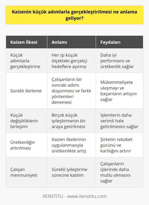 Kaizen, küçük adımlarla gerçekleştirilmesi, her işi küçük ölçekteki gerçekçi hedeflere ayırarak daha iyi performans ve üretkenlik sağlamak anlamına gelir. Küçük adımlarla gerçekleştirilen kaizen, mükemmeliyete ulaşmak veya geçmişteki başarıların artışını sağlamak için çalışanların sürekli olarak bir sonraki adımı düşünmesini ve farklı çalışma yöntemlerini denemesini gerektirir. Küçük değişikliklerin bir araya getirilmesi, işlemlerin daha verimli hale getirilmesini, üretkenliğin artırılmasını ve çalışanların işlerinde daha mutlu olmasını sağlar.