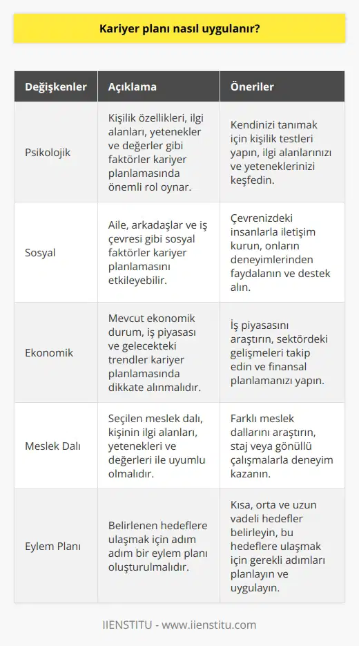 Uygulayacağınız plan pek ok değişkene bağlıdır. Bu aşamada psikolojik, sosyal ve ekonomik değişkenleri iyi hesaplamalısınız. Ayrıca meslek dalı ile yapacağınız niz sizinle uyumlu olmalıdır.