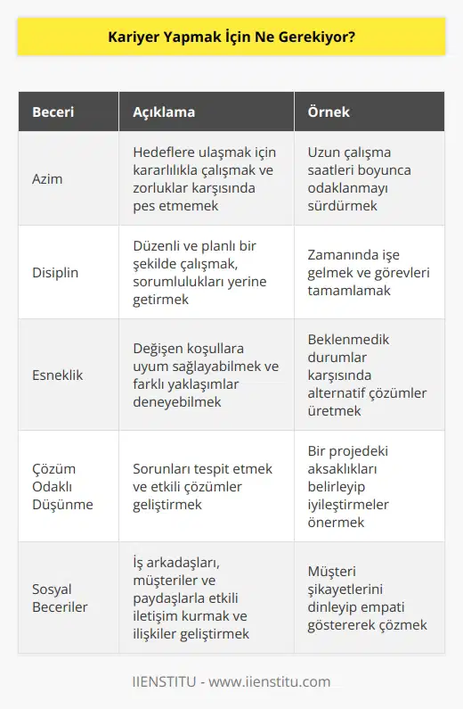 Kariyer yapmak için başarıya ulaşmak için çok titiz bir şekilde çalışmak gerekiyor. Ayrıca, sonuç odaklı hedefler koymak ve bunlara ulaşmak için her zaman en iyi çabayı göstermek gerekiyor. Bir kariyerde başarılı olmak için aynı zamanda   , disiplin, esneklik, çözüm odaklı düşünme, etkili iletişim, takım çalışması yetenekleri ve sosyal beceriler gerekiyor.
