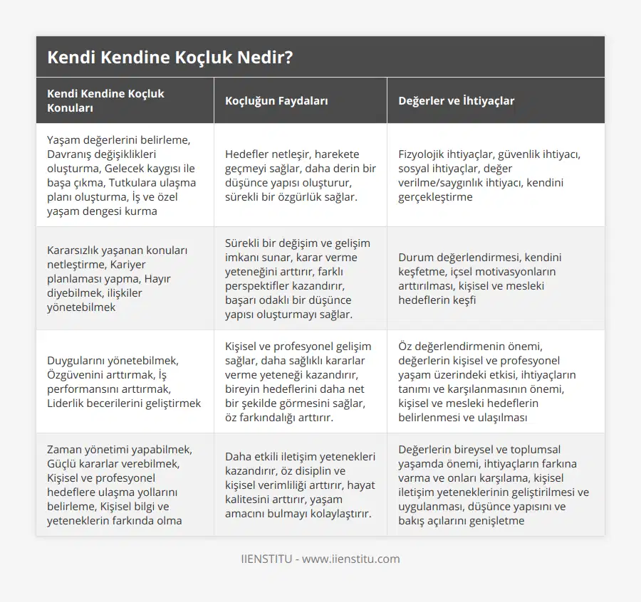 Yaşam değerlerini belirleme, Davranış değişiklikleri oluşturma, Gelecek kaygısı ile başa çıkma, Tutkulara ulaşma planı oluşturma, İş ve özel yaşam dengesi kurma, Hedefler netleşir, harekete geçmeyi sağlar, daha derin bir düşünce yapısı oluşturur, sürekli bir özgürlük sağlar, Fizyolojik ihtiyaçlar, güvenlik ihtiyacı, sosyal ihtiyaçlar, değer verilme/saygınlık ihtiyacı, kendini gerçekleştirme, Kararsızlık yaşanan konuları netleştirme, Kariyer planlaması yapma, Hayır diyebilmek, ilişkiler yönetebilmek, Sürekli bir değişim ve gelişim imkanı sunar, karar verme yeteneğini arttırır, farklı perspektifler kazandırır, başarı odaklı bir düşünce yapısı oluşturmayı sağlar, Durum değerlendirmesi, kendini keşfetme, içsel motivasyonların arttırılması, kişisel ve mesleki hedeflerin keşfi, Duygularını yönetebilmek, Özgüvenini arttırmak, İş performansını arttırmak, Liderlik becerilerini geliştirmek, Kişisel ve profesyonel gelişim sağlar, daha sağlıklı kararlar verme yeteneği kazandırır, bireyin hedeflerini daha net bir şekilde görmesini sağlar, öz farkındalığı arttırır, Öz değerlendirmenin önemi, değerlerin kişisel ve profesyonel yaşam üzerindeki etkisi, ihtiyaçların tanımı ve karşılanmasının önemi, kişisel ve mesleki hedeflerin belirlenmesi ve ulaşılması, Zaman yönetimi yapabilmek, Güçlü kararlar verebilmek, Kişisel ve profesyonel hedeflere ulaşma yollarını belirleme, Kişisel bilgi ve yeteneklerin farkında olma, Daha etkili iletişim yetenekleri kazandırır, öz disiplin ve kişisel verimliliği arttırır, hayat kalitesini arttırır, yaşam amacını bulmayı kolaylaştırır, Değerlerin bireysel ve toplumsal yaşamda önemi, ihtiyaçların farkına varma ve onları karşılama, kişisel iletişim yeteneklerinin geliştirilmesi ve uygulanması, düşünce yapısını ve bakış açılarını genişletme