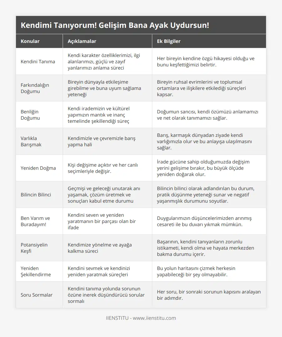 Kendini Tanıma, Kendi karakter özelliklerimizi, ilgi alanlarımızı, güçlü ve zayıf yanlarımızı anlama süreci, Her bireyin kendine özgü hikayesi olduğu ve bunu keşfettiğimizi belirtir, Farkındalığın Doğumu, Bireyin dünyayla etkileşime girebilme ve buna uyum sağlama yeteneği, Bireyin ruhsal evrimlerini ve toplumsal ortamlara ve ilişkilere etkilediği süreçleri kapsar, Benliğin Doğumu, Kendi irademizin ve kültürel yapımızın mantık ve inanç temelinde şekillendiği süreç, Doğumun sancısı, kendi özümüzü anlamamızı ve net olarak tanımamızı sağlar, Varlıkla Barışmak, Kendimizle ve çevremizle barış yapma hali, Barış, karmaşık dünyadan ziyade kendi varlığımızla olur ve bu anlayışa ulaşılmasını sağlar, Yeniden Doğma, Kişi değişime açıktır ve her canlı seçimleriyle değişir, İrade gücüne sahip olduğumuzda değişim yerini gelişime bırakır, bu büyük ölçüde yeniden doğarak olur, Bilincin Bilinci, Geçmişi ve geleceği unutarak anı yaşamak, çözüm üretmek ve sonuçları kabul etme durumu, Bilincin bilinci olarak adlandırılan bu durum, pratik düşünme yeteneği sunar ve negatif yaşanmışlık durumunu soyutlar, Ben Varım ve Buradayım!, Kendini seven ve yeniden yaratmanın bir parçası olan bir ifade, Duygularımızın düşüncelerimizden arınmış cesareti ile bu duvarı yıkmak mümkün, Potansiyelin Keşfi, Kendimize yönelme ve ayağa kalkma süreci, Başarının, kendini tanıyanların zorunlu istikameti, kendi olma ve hayata merkezden bakma durumu içerir, Yeniden Şekillendirme, Kendini sevmek ve kendinizi yeniden yaratmak süreçleri, Bu yolun haritasını çizmek herkesin yapabileceği bir şey olmayabilir, Soru Sormalar, Kendini tanıma yolunda sorunun özüne inerek düşündürücü sorular sormalı, Her soru, bir sonraki sorunun kapısını aralayan bir adımdır