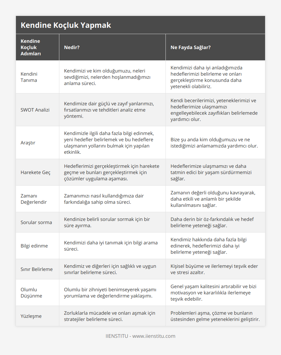 Kendini Tanıma, Kendimizi ve kim olduğumuzu, neleri sevdiğimizi, nelerden hoşlanmadığımızı anlama süreci, Kendimizi daha iyi anladığımızda hedeflerimizi belirleme ve onları gerçekleştirme konusunda daha yetenekli olabiliriz, SWOT Analizi, Kendimize dair güçlü ve zayıf yanlarımızı, fırsatlarımızı ve tehditleri analiz etme yöntemi, Kendi becerilerimizi, yeteneklerimizi ve hedeflerimize ulaşmamızı engelleyebilecek zayıflıkları belirlemede yardımcı olur, Araştır, Kendimizle ilgili daha fazla bilgi edinmek, yeni hedefler belirlemek ve bu hedeflere ulaşmanın yollarını bulmak için yapılan etkinlik, Bize şu anda kim olduğumuzu ve ne istediğimizi anlamamızda yardımcı olur, Harekete Geç, Hedeflerimizi gerçekleştirmek için harekete geçme ve bunları gerçekleştirmek için çözümler uygulama aşaması, Hedeflerimize ulaşmamızı ve daha tatmin edici bir yaşam sürdürmemizi sağlar, Zamanı Değerlendir, Zamanımızı nasıl kullandığımıza dair farkındalığa sahip olma süreci, Zamanın değerli olduğunu kavrayarak, daha etkili ve anlamlı bir şekilde kullanılmasını sağlar, Sorular sorma, Kendinize belirli sorular sormak için bir süre ayırma, Daha derin bir öz-farkındalık ve hedef belirleme yeteneği sağlar, Bilgi edinme, Kendimizi daha iyi tanımak için bilgi arama süreci, Kendimiz hakkında daha fazla bilgi edinerek, hedeflerimizi daha iyi belirleme yeteneği sağlar, Sınır Belirleme, Kendimiz ve diğerleri için sağlıklı ve uygun sınırlar belirleme süreci, Kişisel büyüme ve ilerlemeyi teşvik eder ve stresi azaltır, Olumlu Düşünme, Olumlu bir zihniyeti benimseyerek yaşamı yorumlama ve değerlendirme yaklaşımı, Genel yaşam kalitesini artırabilir ve bizi motivasyon ve kararlılıkla ilerlemeye teşvik edebilir, Yüzleşme, Zorluklarla mücadele ve onları aşmak için stratejiler belirleme süreci, Problemleri aşma, çözme ve bunların üstesinden gelme yeteneklerini geliştirir