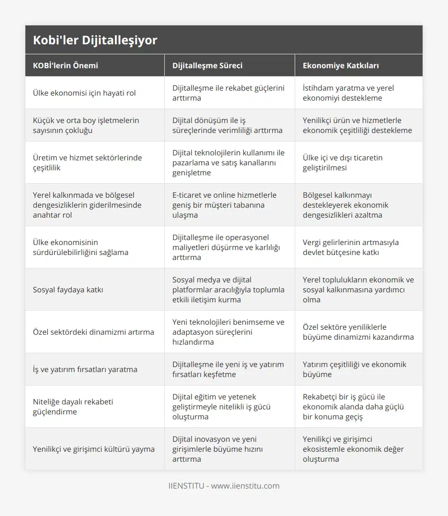 Ülke ekonomisi için hayati rol, Dijitalleşme ile rekabet güçlerini arttırma, İstihdam yaratma ve yerel ekonomiyi destekleme, Küçük ve orta boy işletmelerin sayısının çokluğu, Dijital dönüşüm ile iş süreçlerinde verimliliği arttırma, Yenilikçi ürün ve hizmetlerle ekonomik çeşitliliği destekleme, Üretim ve hizmet sektörlerinde çeşitlilik, Dijital teknolojilerin kullanımı ile pazarlama ve satış kanallarını genişletme, Ülke içi ve dışı ticaretin geliştirilmesi, Yerel kalkınmada ve bölgesel dengesizliklerin giderilmesinde anahtar rol, E-ticaret ve online hizmetlerle geniş bir müşteri tabanına ulaşma, Bölgesel kalkınmayı destekleyerek ekonomik dengesizlikleri azaltma, Ülke ekonomisinin sürdürülebilirliğini sağlama, Dijitalleşme ile operasyonel maliyetleri düşürme ve karlılığı arttırma, Vergi gelirlerinin artmasıyla devlet bütçesine katkı, Sosyal faydaya katkı, Sosyal medya ve dijital platformlar aracılığıyla toplumla etkili iletişim kurma, Yerel toplulukların ekonomik ve sosyal kalkınmasına yardımcı olma, Özel sektördeki dinamizmi artırma, Yeni teknolojileri benimseme ve adaptasyon süreçlerini hızlandırma, Özel sektöre yeniliklerle büyüme dinamizmi kazandırma, İş ve yatırım fırsatları yaratma, Dijitalleşme ile yeni iş ve yatırım fırsatları keşfetme, Yatırım çeşitliliği ve ekonomik büyüme, Niteliğe dayalı rekabeti güçlendirme, Dijital eğitim ve yetenek geliştirmeyle nitelikli iş gücü oluşturma, Rekabetçi bir iş gücü ile ekonomik alanda daha güçlü bir konuma geçiş, Yenilikçi ve girişimci kültürü yayma, Dijital inovasyon ve yeni girişimlerle büyüme hızını arttırma, Yenilikçi ve girişimci ekosistemle ekonomik değer oluşturma