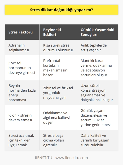 Stres ve Dikkat Dağınıklığı: Konsantrasyon Eksikliğinin Temel Etkeni  Konsantrasyon, yapılan işe tüm dikkati vererek ve zihnin bütün algılarını kullanarak odaklanma sürecidir. Ancak günümüzde insanların yaşam kalitesini düşüren en büyük sorunlardan biri konsantrasyon eksikliğidir. Peki, stres dikkat dağınıklığı yapar mı?  Stresin Beyindeki Etkileri  Bilimsel araştırmalar, dikkat dağınıklığı veya konsantrasyon eksikliğinin temel etkeninin stres olduğunu göstermektedir. Beynimiz tehlike anında adrenalin salgılayarak vücudu stres durumunda tutar. Adrenalinin etkisi kısa sürede geçse de, stres halinin devam etmesi sonucu beyin kortizol hormonunu devreye sokar.  Kortizol ve Prefontal Korteks  Yoğun odaklanma sırasında beyinde prefontal korteks tam kapasite çalışır ve sağlıklı karar verme, odaklanma, başlanan işi bitirme ve çözüme ulaşma birey için daha kolay hale gelir. Ancak kortizolun vücutta sürekli olarak bulunması prefontal korteksin mekanizmasını bozar ve kişinin algılama ve odaklanma kalitesi düşer. Bu durumda mantıklı kararlar veremez ve kısa süreli hafıza problemleri ile adaptasyon sorunu yaşar.  Zihinsel ve Fiziksel Yorgunluk  Beyin stres anında normalden daha fazla enerji harcar ve kronik stres sonucunda zihinsel ve fiziksel yorgunluk oluşur. Sürekli yorgun düşen beyin odaklanmakta zorluk çeker ve birey uzun süre bir işle ilgilenemez. Bu yüzden sık sık dalgınlık hali oluşur ve başladığı işi bitirmekten kaçınır.  Günlük Yaşamda Konsantrasyon Eksikliği  Konsantrasyon eksikliği yaşayan kişi disiplini sağlayamaz ve günlük yaşamı düzensizleşir. Odaklanma sorunu yaşayan insan zihin meşguliyeti gerektiren işleri yerine getiremez ve dış çevreye yönelir. Bu durumda sorumluluklarını yerine getirmesi zorlaşır ve kaygı artışı yaşanır.  Stresi Azaltarak Konsantrasyonu Arttırmak  Konsantrasyon eksikliğinin aktif faktörü olan stresi azaltarak daha kaliteli ve verimli yaşam sürmek bazı tekniklerle mümkündür. Stres yönetmek zor değil, sadece stresle başa çıkma yollarını öğrenmeli ve huzurlu yaşama odaklanmalıyız. Bu süreçte uzmanlar tarafından sunulan destek programlarına başvurarak sağlıklı bir yaşam sürdürülebilir.   Yazar: Kübra Sarıtay