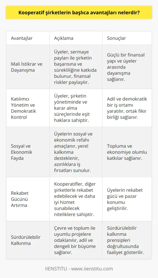 Kooperatif Şirketlerin Başlıca Avantajları Mali İstikrar ve Dayanışma Kooperatif şirketler, üyelerinin mali istikrarını ve dayanışmasını güçlendirir. Her üye, şirketin başarısı ve varlığının sürekliliği için sermaye payı ile katılır; böylece finansal riskler karşılıklı olarak paylaşılır. Katılımcı Yönetim ve Demokratik Kontrol Kooperatifler, üyelerin şirketi yönetme ve kararlar almasında eşit haklara sahiptir. Bu durum, işletme süreçleri ve politikaları üzerinde ortak bir fikir birliği sağlar. Yani, daha adil ve demokratik bir iş ortamı yaratır. Sosyal ve Ekonomik Fayda Kooperatif şirketlerin işlemeleriyle, üyelerin sosyal ve ekonomik refahını amaçlayarak, yerel kalkınmayı destekler ve a katkıda bulunur. Ayrıca, yönetim ve üretim süreçlerine etkili bir şekilde müdahale eder ve azınlıklara iş fırsatları sunar. Rekabet Gücünü Artırma Kooperatifler, diğer şirketlerle rekabet edebilecek ve daha iyi hizmet sunabilecek niteliklere sahiptir. Yani, üyelerinin rekabet gücünü ve pazar konumunu geliştirir. Sürdürülebilir Kalkınma Çevre ve toplum ile uyumlu projelerde odaklanır. Sürdürülebilir kalkınma prensipleriyle çalışan kooperatifler, her bir üyenin çıkarları doğrultusunda adil ve dengeli bir büyüme sağlar. Sonuç olarak, kooperatif şirketlerin avantajları, üyelerin ekonomik refahını ve iş güvenliğini artırmasının yanı sıra, demokratik işbirliği ve sosyal sorumluluğu teşvik etmektedir. Bu özellikler, kooperatiflerin giderek artan bir tercih sebebi olmasına katkıda bulunmaktadır.