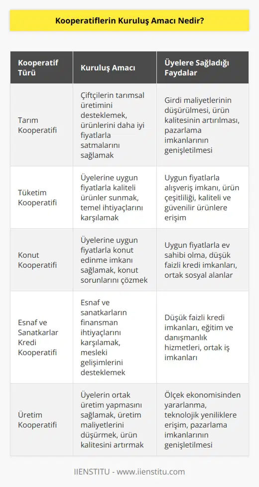 Kooperatiflerin kuruluş amacı, üyelerinin ortak çıkarlarını korumak, desteklemek, geliştirmek ve üyelerinin ekonomik, sosyal ve kültürel ihtiyaçlarını karşılamaktır. Kooperatifler, üyelerinin ortaklaşa sahip olduğu bir şirket olarak kurulur ve üyeler karşılıklı yardımlaşma, eşitlik, paylaşım ve üretkenliğin temel esaslarını paylaşır. Kooperatifler, üyelerinin üretim, ticaret ve diğer etkinliklerinden elde edilen karı, üyeler arasında paylaştıkları kurumsal üyelik haklarının geliştirilmesi ve üyelerin kişisel gelişimlerinin desteklenmesi için kullanır.