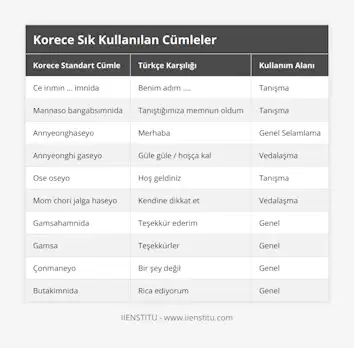 Ce irımın … imnida, Benim adım , Tanışma, Mannaso bangabsımnida, Tanıştığımıza memnun oldum, Tanışma, Annyeonghaseyo, Merhaba, Genel Selamlama, Annyeonghi gaseyo, Güle güle / hoşça kal, Vedalaşma, Ose oseyo, Hoş geldiniz, Tanışma, Mom chori jalga haseyo, Kendine dikkat et, Vedalaşma, Gamsahamnida, Teşekkür ederim, Genel, Gamsa, Teşekkürler, Genel, Çonmaneyo, Bir şey değil, Genel, Butakimnida, Rica ediyorum, Genel