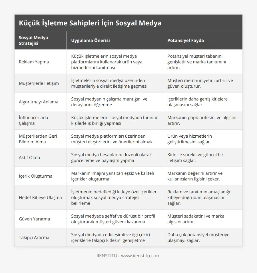 Reklam Yapma, Küçük işletmelerin sosyal medya platformlarını kullanarak ürün veya hizmetlerini tanıtması, Potansiyel müşteri tabanını genişletir ve marka tanıtımını artırır, Müşterilerle İletişim, İşletmelerin sosyal medya üzerinden müşterileriyle direkt iletişime geçmesi, Müşteri memnuniyetini artırır ve güven oluşturur, Algoritmayı Anlama, Sosyal medyanın çalışma mantığını ve detaylarını öğrenme, İçeriklerin daha geniş kitlelere ulaşmasını sağlar, İnfluencerlarla Çalışma, Küçük işletmelerin sosyal medyada tanınan kişilerle iş birliği yapması, Markanın popülaritesini ve algısını artırır, Müşterilerden Geri Bildirim Alma, Sosyal medya platformları üzerinden müşteri eleştirilerini ve önerilerini almak, Ürün veya hizmetlerin geliştirilmesini sağlar, Aktif Olma, Sosyal medya hesaplarını düzenli olarak güncelleme ve paylaşım yapma, Kitle ile sürekli ve güncel bir iletişim sağlar, İçerik Oluşturma, Markanın imajını yansıtan eşsiz ve kaliteli içerikler oluşturma, Markanın değerini artırır ve kullanıcıların ilgisini çeker, Hedef Kitleye Ulaşma, İşletmenin hedeflediği kitleye özel içerikler oluşturaak sosyal medya stratejisi belirleme, Reklam ve tanıtımın amaçladığı kitleye doğrudan ulaşmasını sağlar, Güven Yaratma, Sosyal medyada şeffaf ve dürüst bir profil oluşturarak müşteri güveni kazanma, Müşteri sadakatini ve marka algısını artırır, Takipçi Artırma, Sosyal medyada etkileşimli ve ilgi çekici içeriklerle takipçi kitlesini genişletme, Daha çok potansiyel müşteriye ulaşmayı sağlar