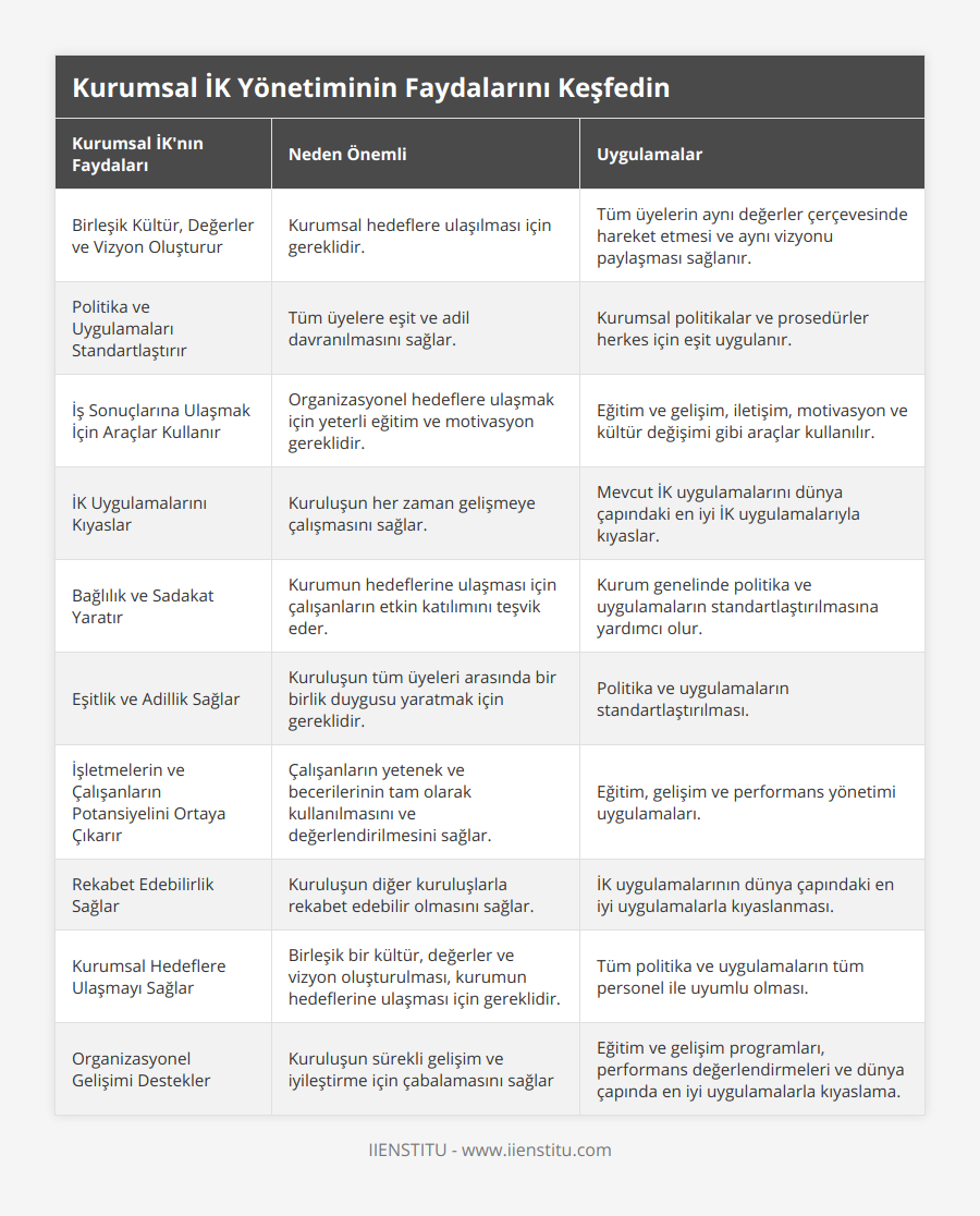 Birleşik Kültür, Değerler ve Vizyon Oluşturur, Kurumsal hedeflere ulaşılması için gereklidir, Tüm üyelerin aynı değerler çerçevesinde hareket etmesi ve aynı vizyonu paylaşması sağlanır, Politika ve Uygulamaları Standartlaştırır, Tüm üyelere eşit ve adil davranılmasını sağlar, Kurumsal politikalar ve prosedürler herkes için eşit uygulanır, İş Sonuçlarına Ulaşmak İçin Araçlar Kullanır, Organizasyonel hedeflere ulaşmak için yeterli eğitim ve motivasyon gereklidir, Eğitim ve gelişim, iletişim, motivasyon ve kültür değişimi gibi araçlar kullanılır, İK Uygulamalarını Kıyaslar, Kuruluşun her zaman gelişmeye çalışmasını sağlar, Mevcut İK uygulamalarını dünya çapındaki en iyi İK uygulamalarıyla kıyaslar, Bağlılık ve Sadakat Yaratır, Kurumun hedeflerine ulaşması için çalışanların etkin katılımını teşvik eder, Kurum genelinde politika ve uygulamaların standartlaştırılmasına yardımcı olur, Eşitlik ve Adillik Sağlar, Kuruluşun tüm üyeleri arasında bir birlik duygusu yaratmak için gereklidir, Politika ve uygulamaların standartlaştırılması, İşletmelerin ve Çalışanların Potansiyelini Ortaya Çıkarır, Çalışanların yetenek ve becerilerinin tam olarak kullanılmasını ve değerlendirilmesini sağlar, Eğitim, gelişim ve performans yönetimi uygulamaları, Rekabet Edebilirlik Sağlar, Kuruluşun diğer kuruluşlarla rekabet edebilir olmasını sağlar, İK uygulamalarının dünya çapındaki en iyi uygulamalarla kıyaslanması, Kurumsal Hedeflere Ulaşmayı Sağlar, Birleşik bir kültür, değerler ve vizyon oluşturulması, kurumun hedeflerine ulaşması için gereklidir, Tüm politika ve uygulamaların tüm personel ile uyumlu olması, Organizasyonel Gelişimi Destekler, Kuruluşun sürekli gelişim ve iyileştirme için çabalamasını sağlar, Eğitim ve gelişim programları, performans değerlendirmeleri ve dünya çapında en iyi uygulamalarla kıyaslama