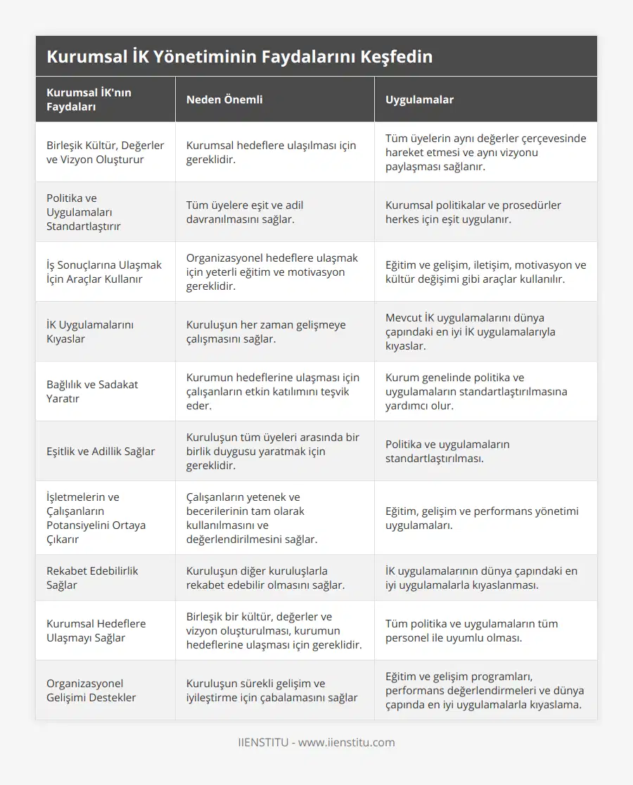 Birleşik Kültür, Değerler ve Vizyon Oluşturur, Kurumsal hedeflere ulaşılması için gereklidir, Tüm üyelerin aynı değerler çerçevesinde hareket etmesi ve aynı vizyonu paylaşması sağlanır, Politika ve Uygulamaları Standartlaştırır, Tüm üyelere eşit ve adil davranılmasını sağlar, Kurumsal politikalar ve prosedürler herkes için eşit uygulanır, İş Sonuçlarına Ulaşmak İçin Araçlar Kullanır, Organizasyonel hedeflere ulaşmak için yeterli eğitim ve motivasyon gereklidir, Eğitim ve gelişim, iletişim, motivasyon ve kültür değişimi gibi araçlar kullanılır, İK Uygulamalarını Kıyaslar, Kuruluşun her zaman gelişmeye çalışmasını sağlar, Mevcut İK uygulamalarını dünya çapındaki en iyi İK uygulamalarıyla kıyaslar, Bağlılık ve Sadakat Yaratır, Kurumun hedeflerine ulaşması için çalışanların etkin katılımını teşvik eder, Kurum genelinde politika ve uygulamaların standartlaştırılmasına yardımcı olur, Eşitlik ve Adillik Sağlar, Kuruluşun tüm üyeleri arasında bir birlik duygusu yaratmak için gereklidir, Politika ve uygulamaların standartlaştırılması, İşletmelerin ve Çalışanların Potansiyelini Ortaya Çıkarır, Çalışanların yetenek ve becerilerinin tam olarak kullanılmasını ve değerlendirilmesini sağlar, Eğitim, gelişim ve performans yönetimi uygulamaları, Rekabet Edebilirlik Sağlar, Kuruluşun diğer kuruluşlarla rekabet edebilir olmasını sağlar, İK uygulamalarının dünya çapındaki en iyi uygulamalarla kıyaslanması, Kurumsal Hedeflere Ulaşmayı Sağlar, Birleşik bir kültür, değerler ve vizyon oluşturulması, kurumun hedeflerine ulaşması için gereklidir, Tüm politika ve uygulamaların tüm personel ile uyumlu olması, Organizasyonel Gelişimi Destekler, Kuruluşun sürekli gelişim ve iyileştirme için çabalamasını sağlar, Eğitim ve gelişim programları, performans değerlendirmeleri ve dünya çapında en iyi uygulamalarla kıyaslama